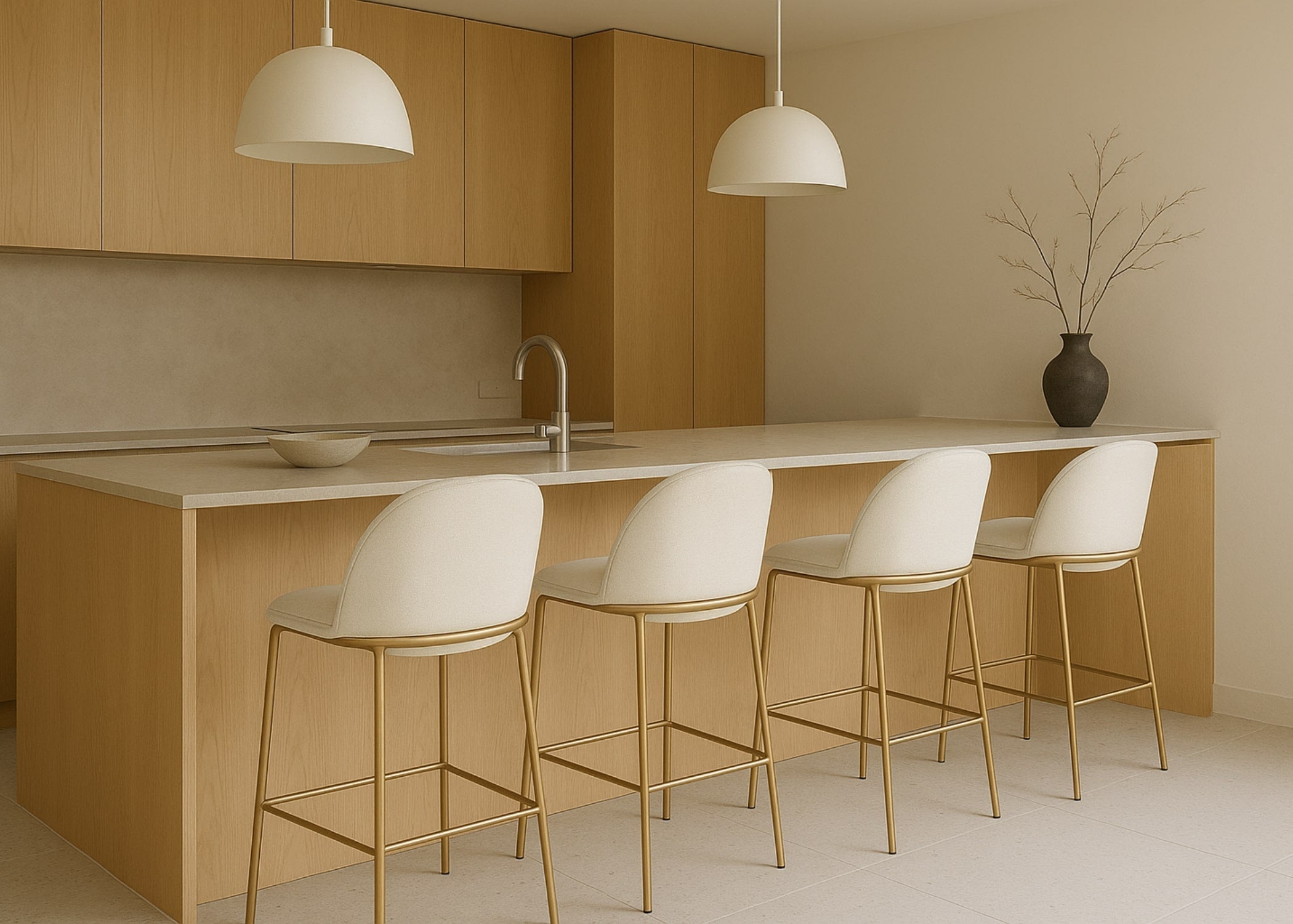 Banqueta para bancada moderna com altura ideal entre assento e tampo para conforto e ergonomia.