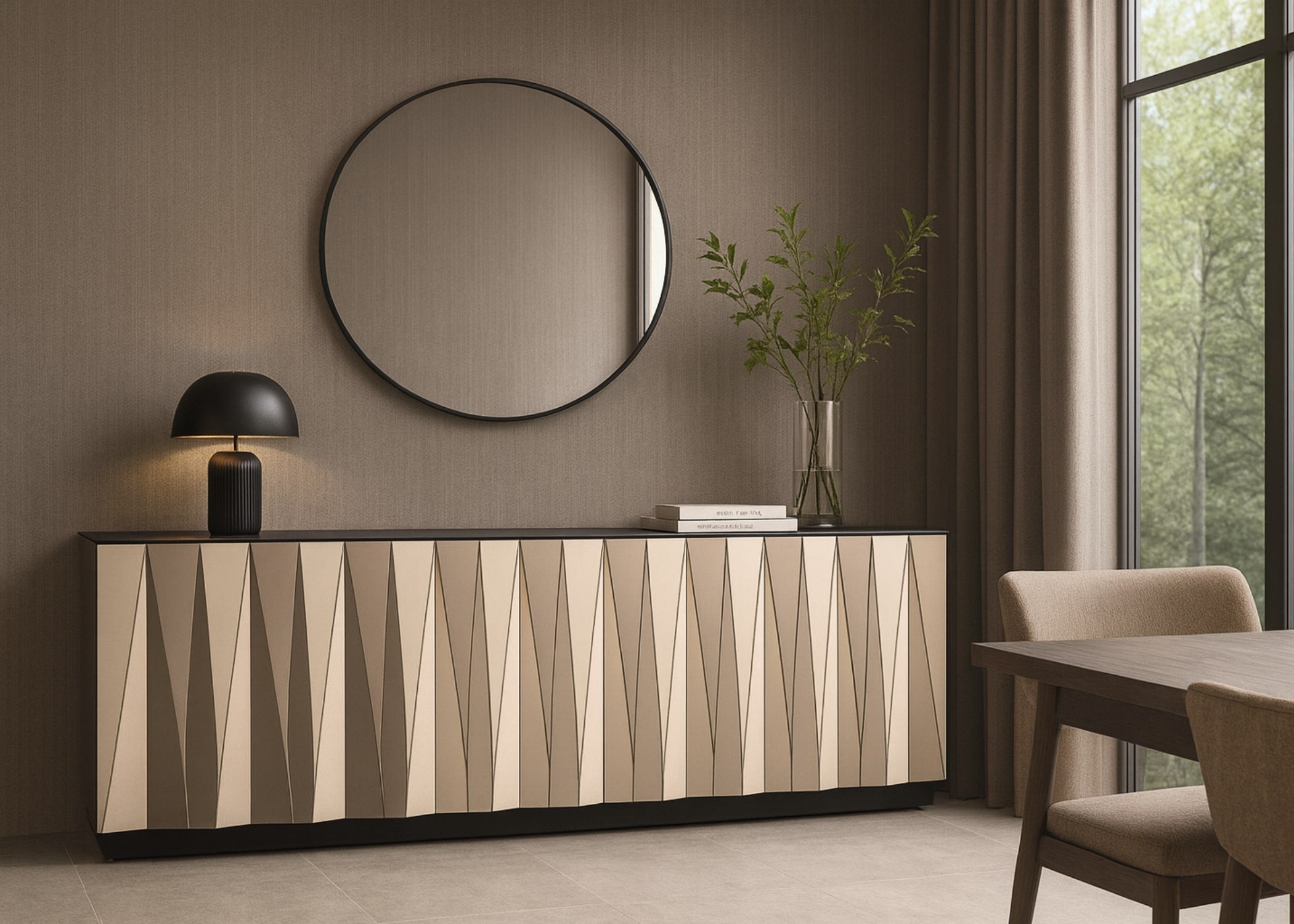 Buffet luxo para sala de jantar com design elegante, acabamento espelhado e decoração sofisticada – Moveca Decor