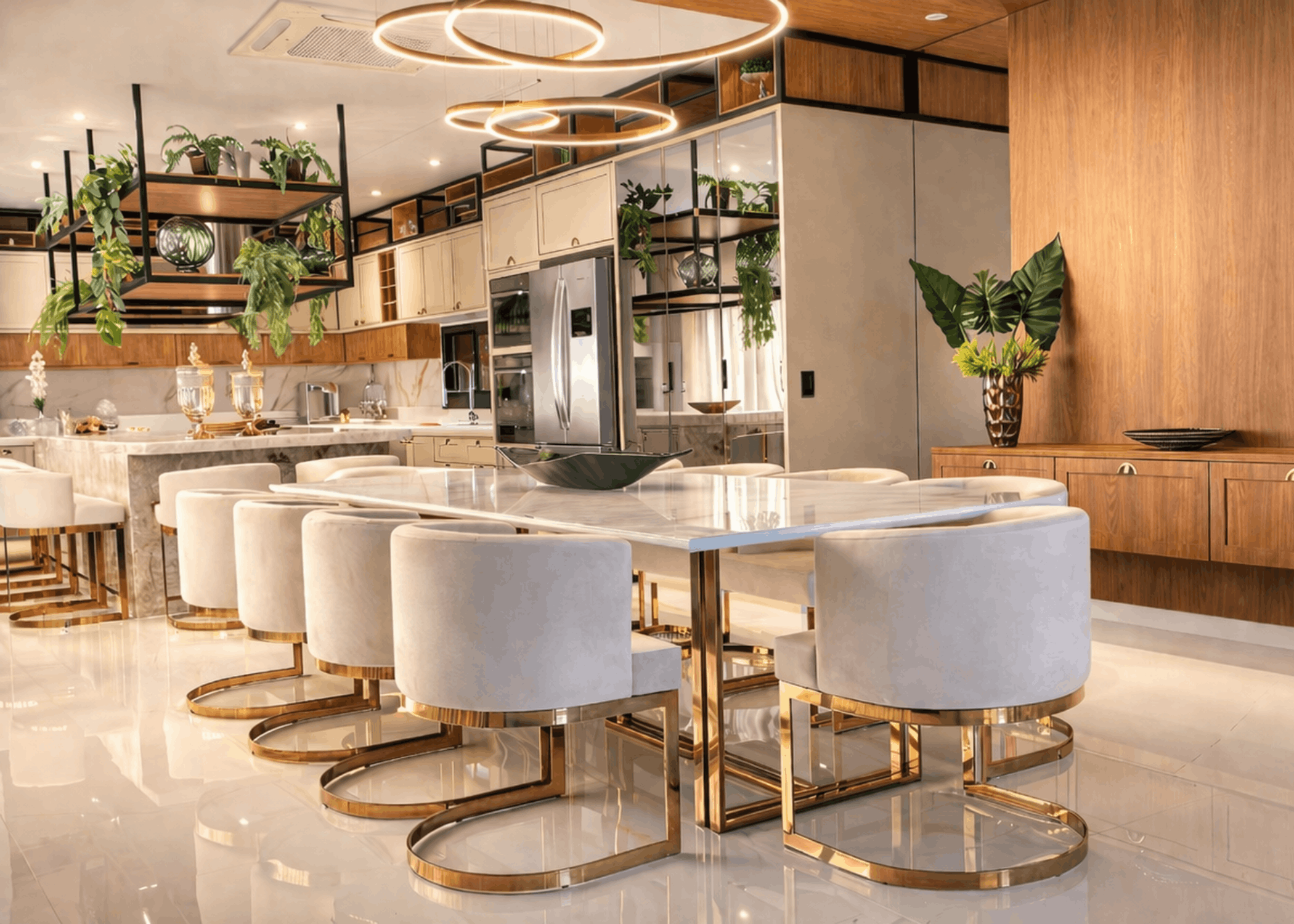 Sala de jantar luxuosa com mesa e cadeiras em aço inox dourado gold.
