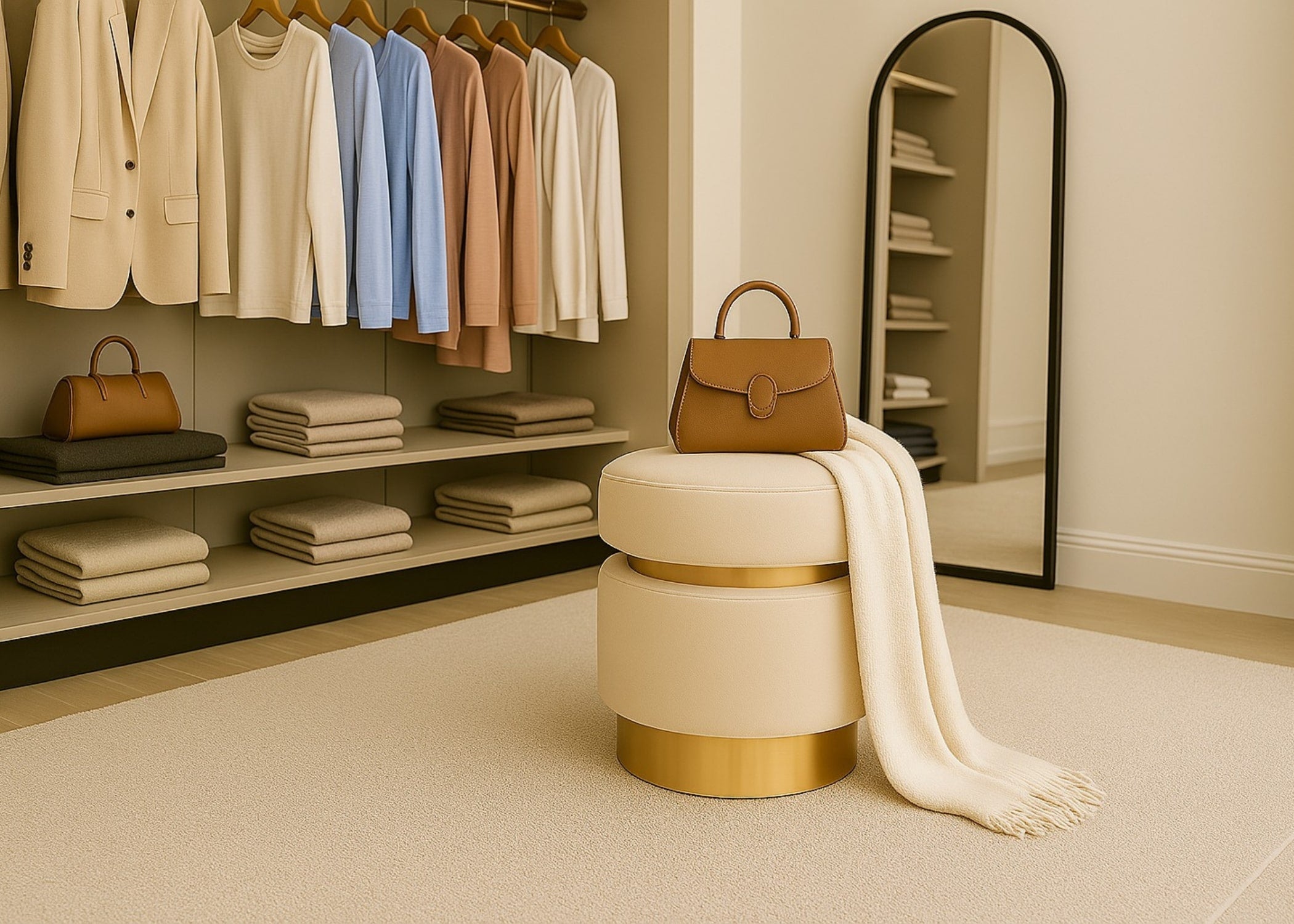 Puff de veludo bege com base dourada em closet moderno e elegante, trazendo charme e funcionalidade ao ambiente com design sofisticado.