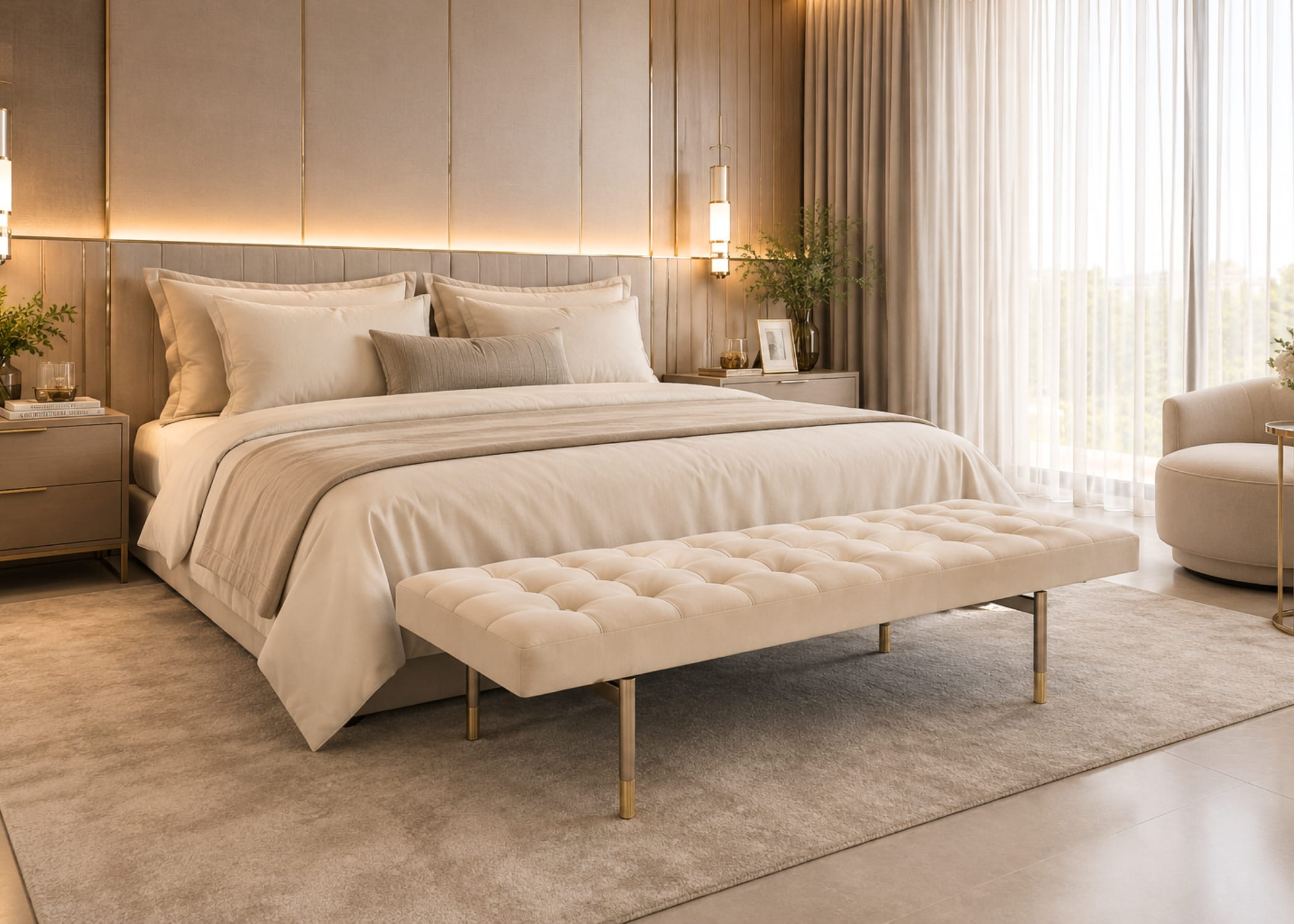 Recamier moderno aos pés da cama em quarto sofisticado de alto padrão