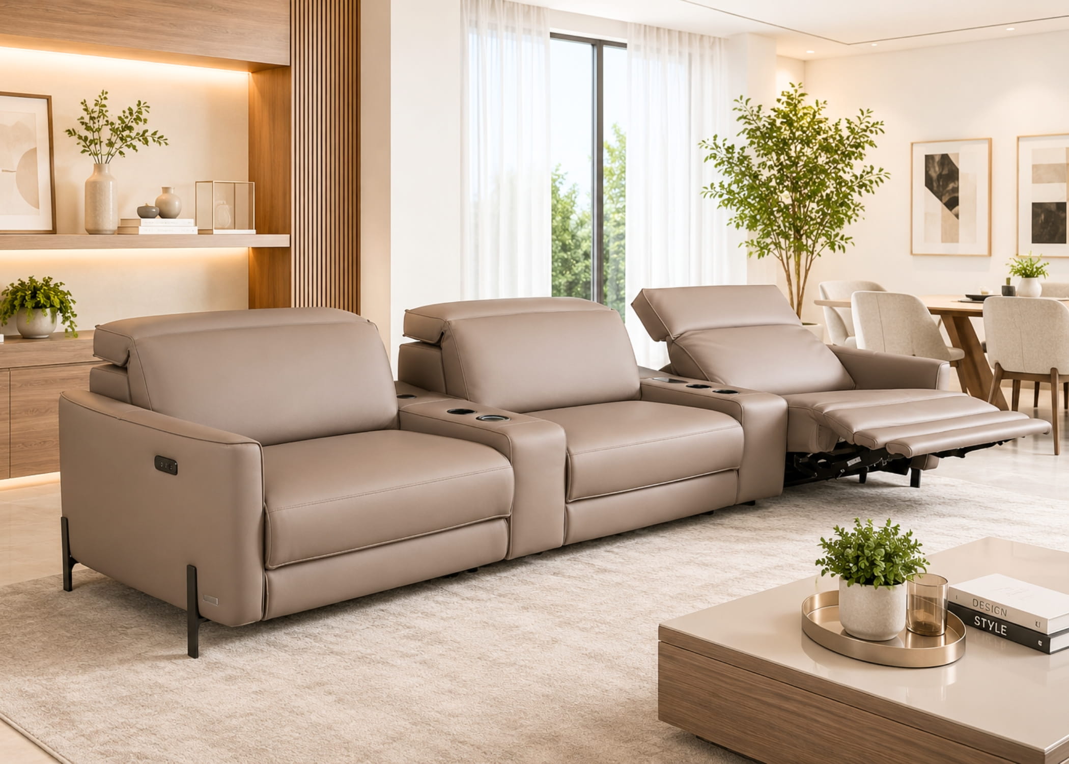 Sofá elétrico moderno em sala de estar sofisticada com design contemporâneo, reclinação automatizada e ambiente home theater de alto padrão.
