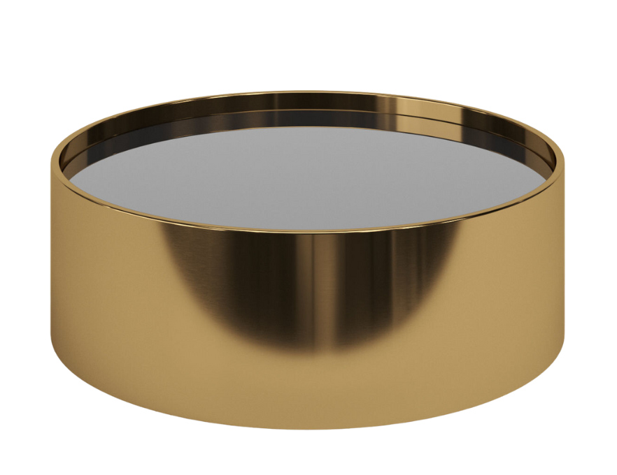 Mesa de centro Lys com tampo em MDF e vidro laqueado, destacando o arco de aço inox elegante.