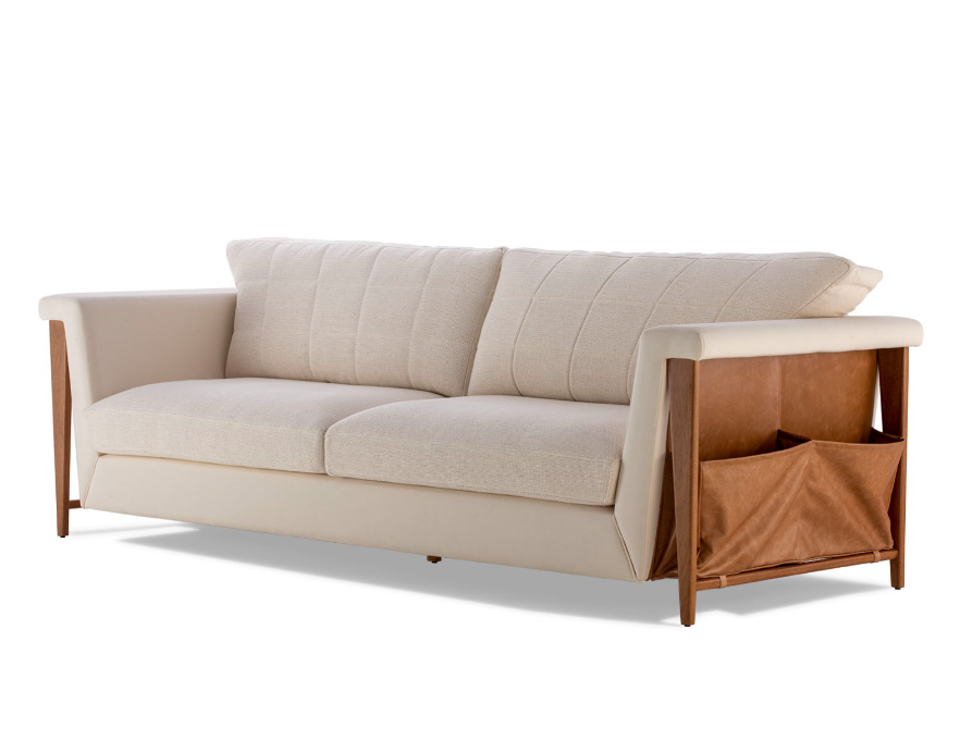 Sofá Ford: moderno contemporâneo com bolsos laterais em couro natural.
