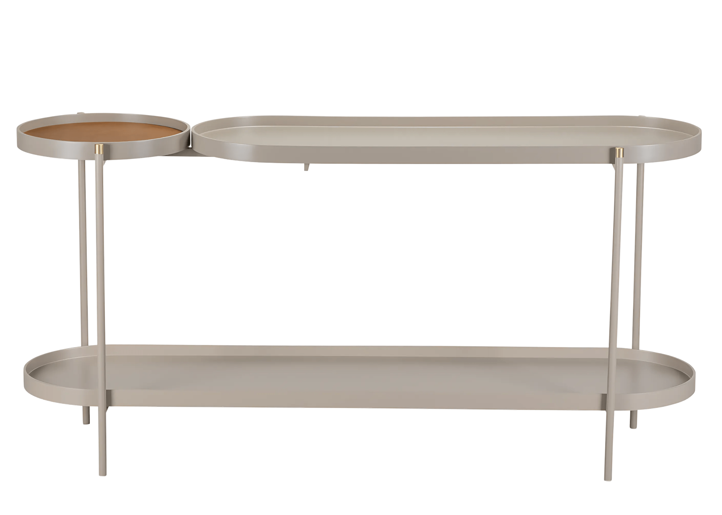 Aparador Alvin com prateleiras oblongas em laca e estrutura metálica.