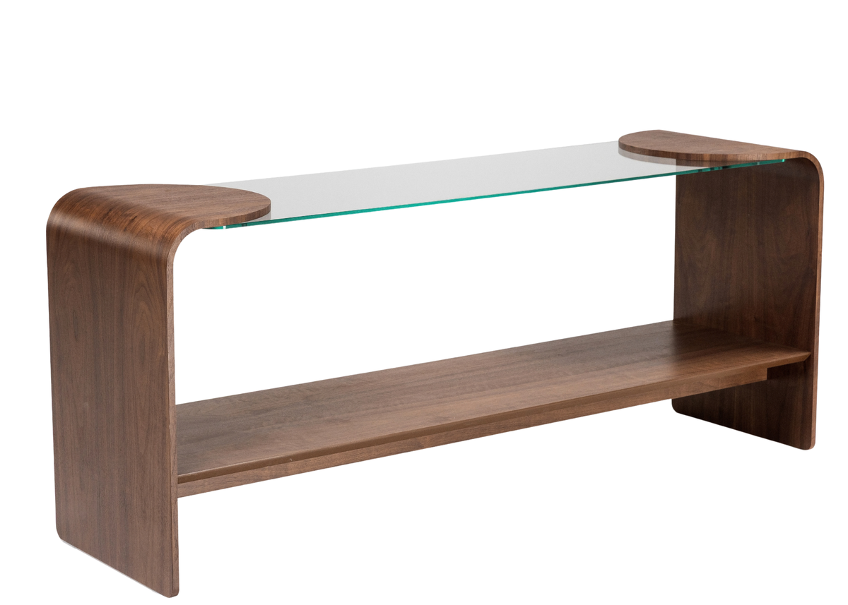 Aparador Arven em lâmina de madeira com tampo em vidro incolor, design moderno e sofisticado para ambientes elegantes.