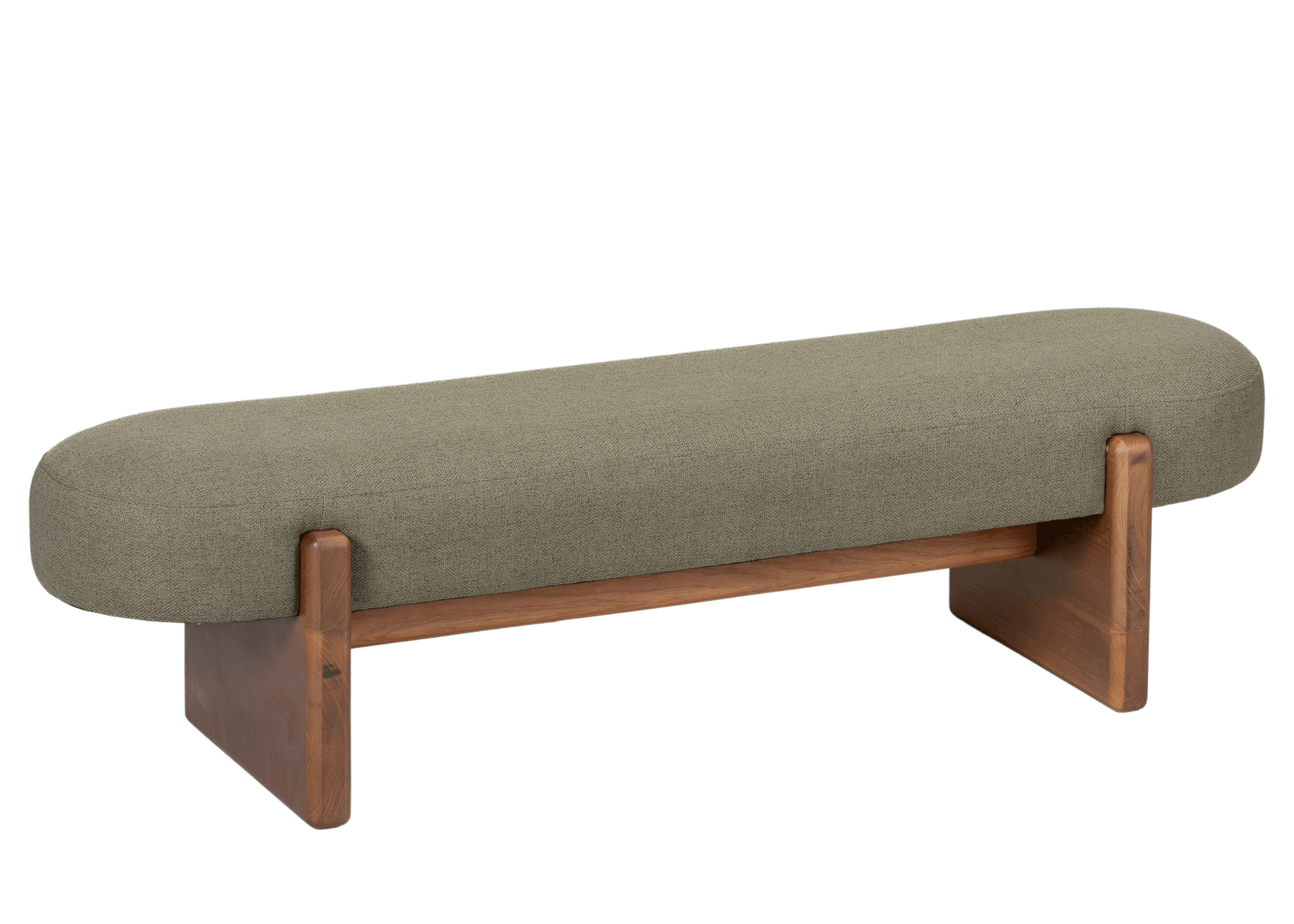Banco Lana estofado com formato alongado e cantos arredondados, estrutura em madeira com acabamento sofisticado.