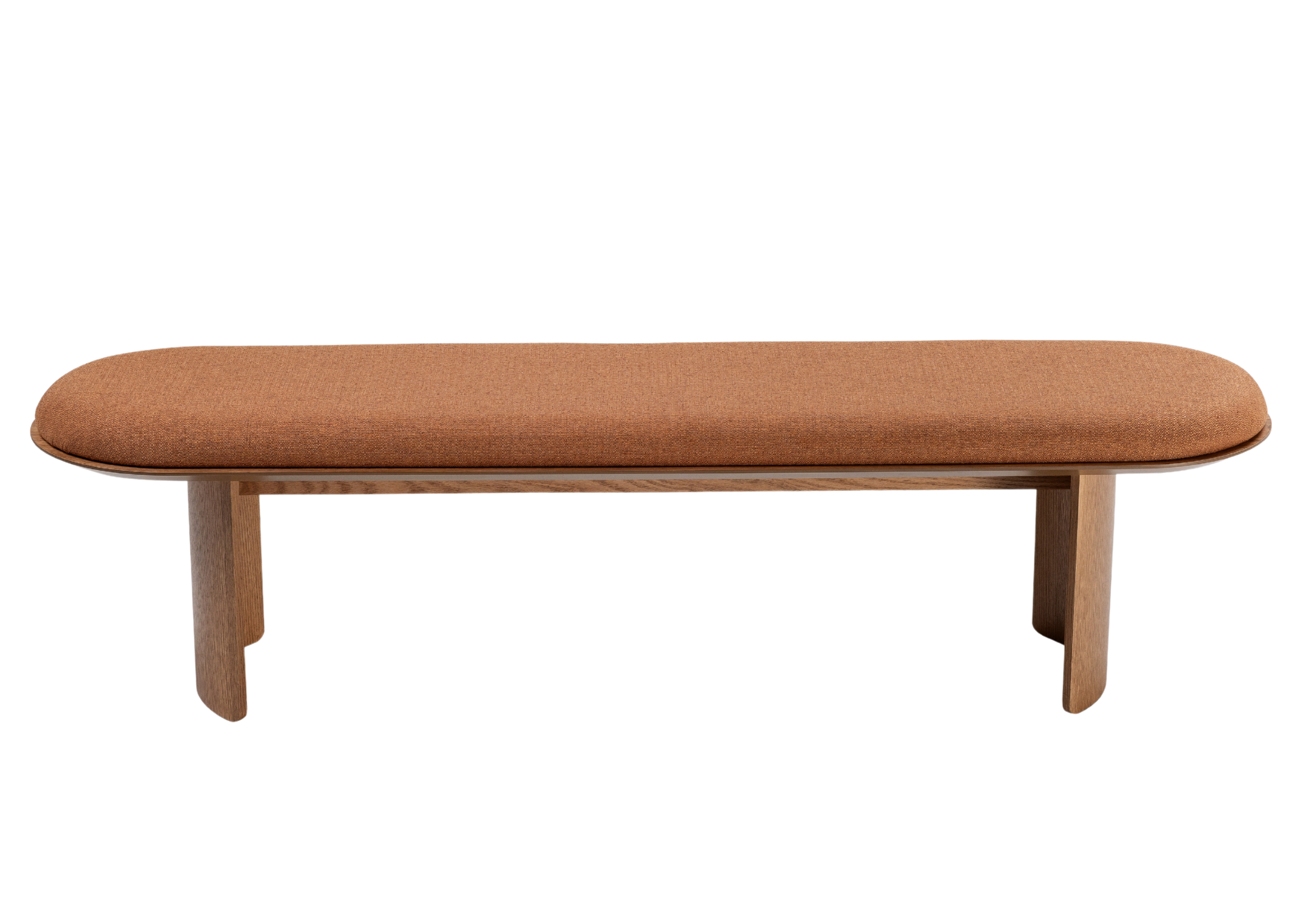 Banco Laura com linhas orgânicas e base em madeira natural, ideal para compor ambientes modernos e acolhedores.