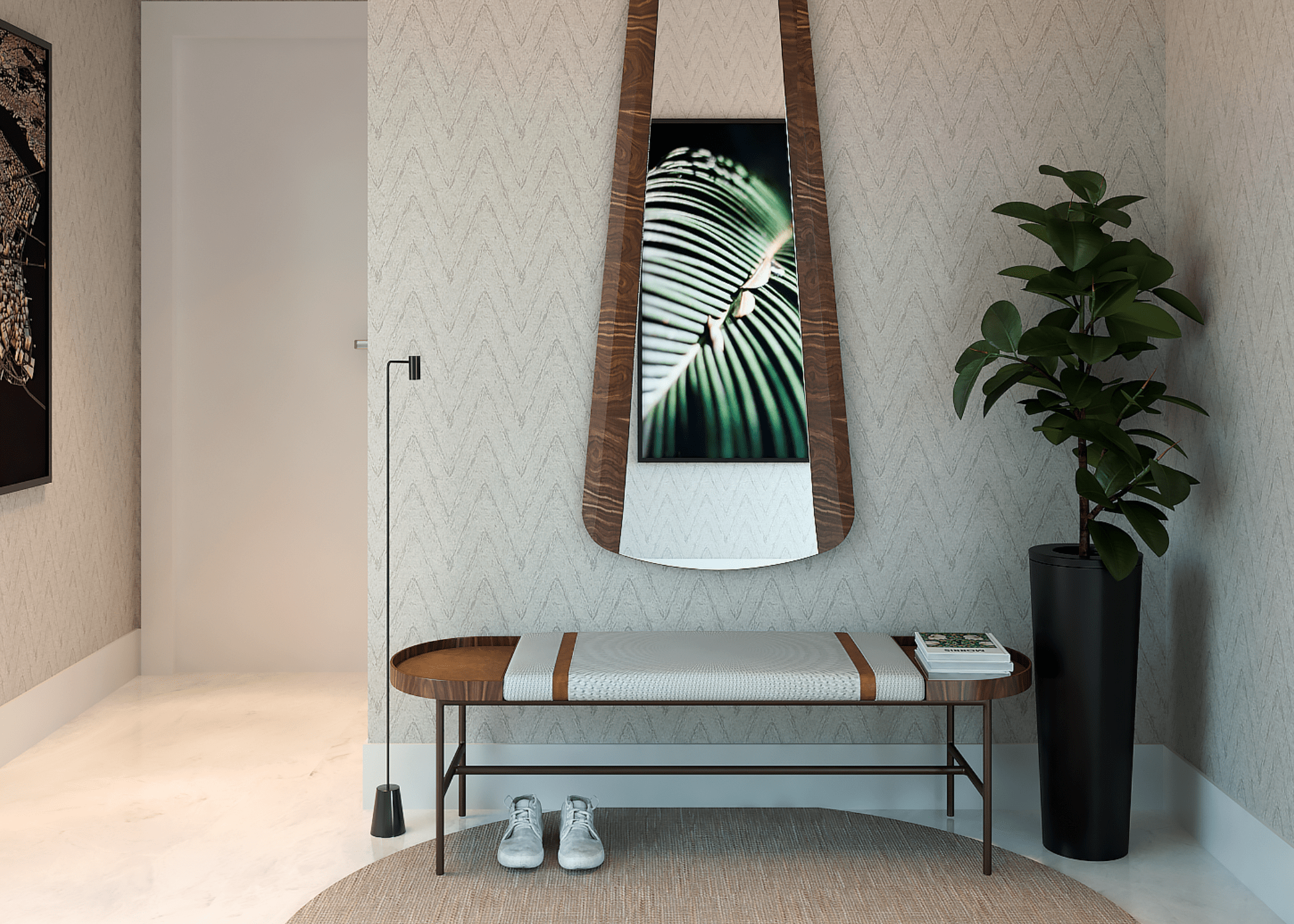 Banco Milan com curvas suaves em sala de estar contemporânea e sofisticada.