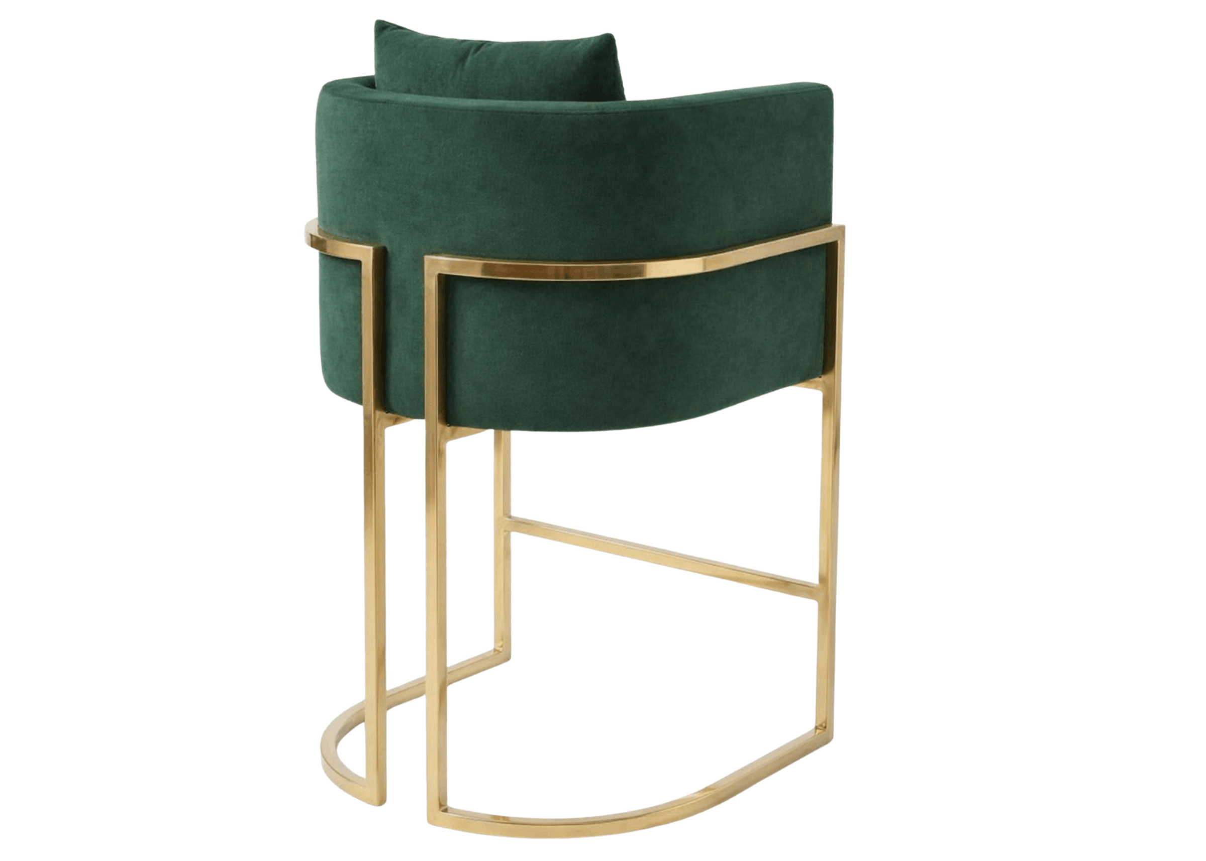 Banqueta alta com encosto curvo e base fechada em inox dourado, estofado elegante ideal para áreas gourmet