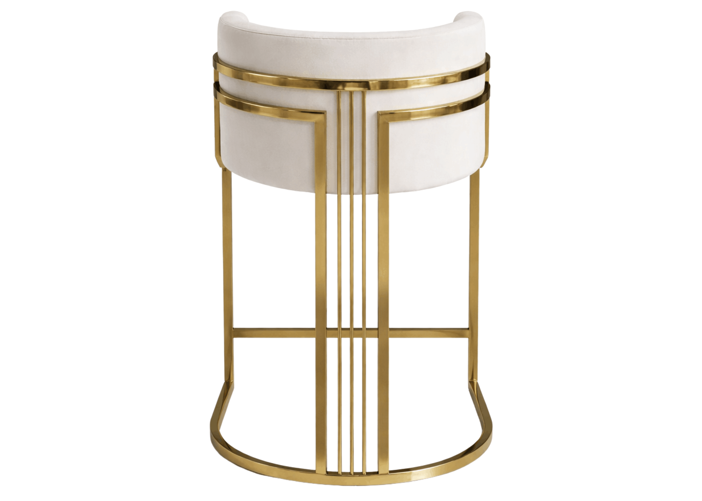 Banqueta alta Charme com encosto curvo estofado e estrutura metálica dourada, ideal para bancadas gourmet.