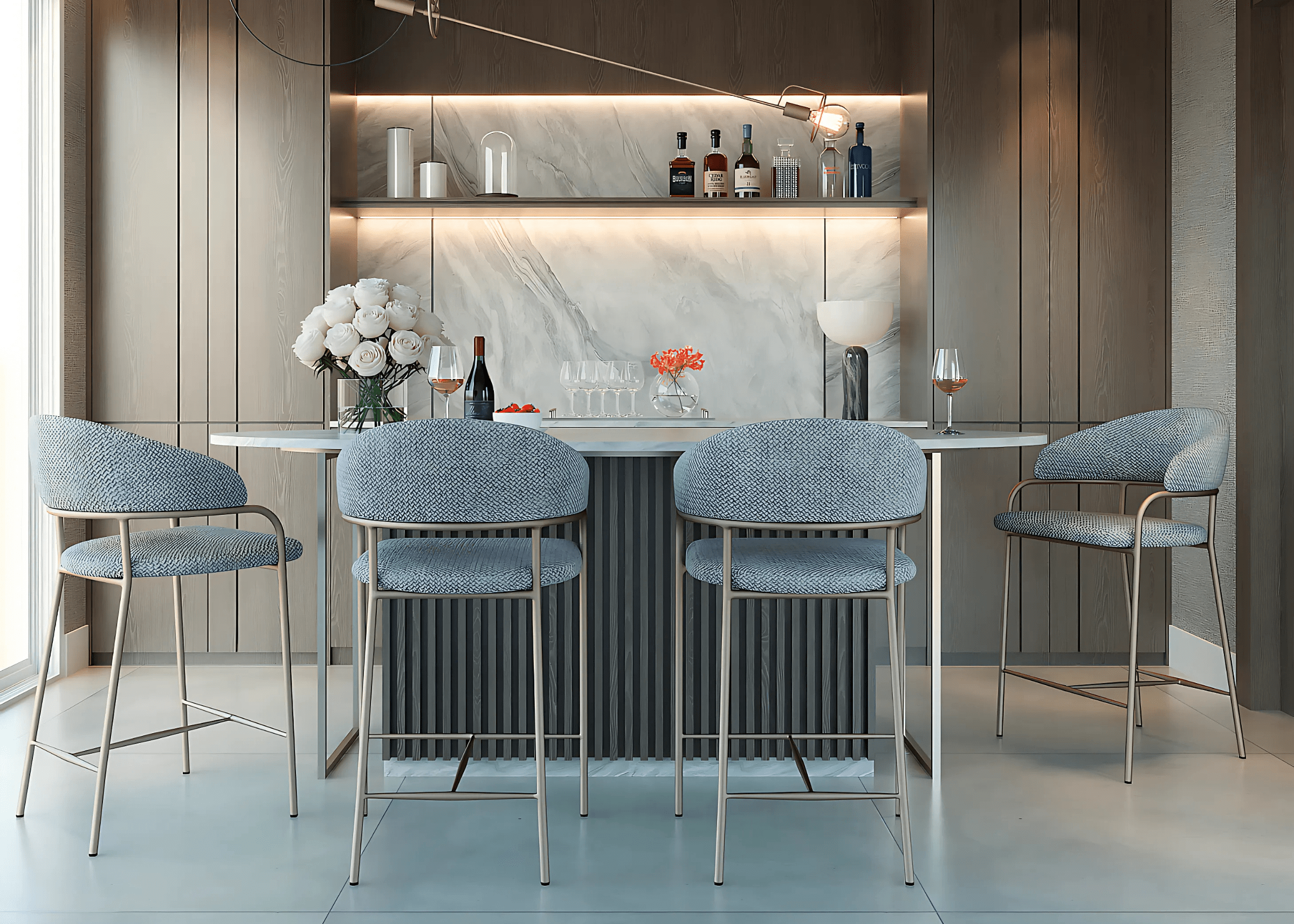 Ambiente contemporâneo com Banqueta Eron em destaque.