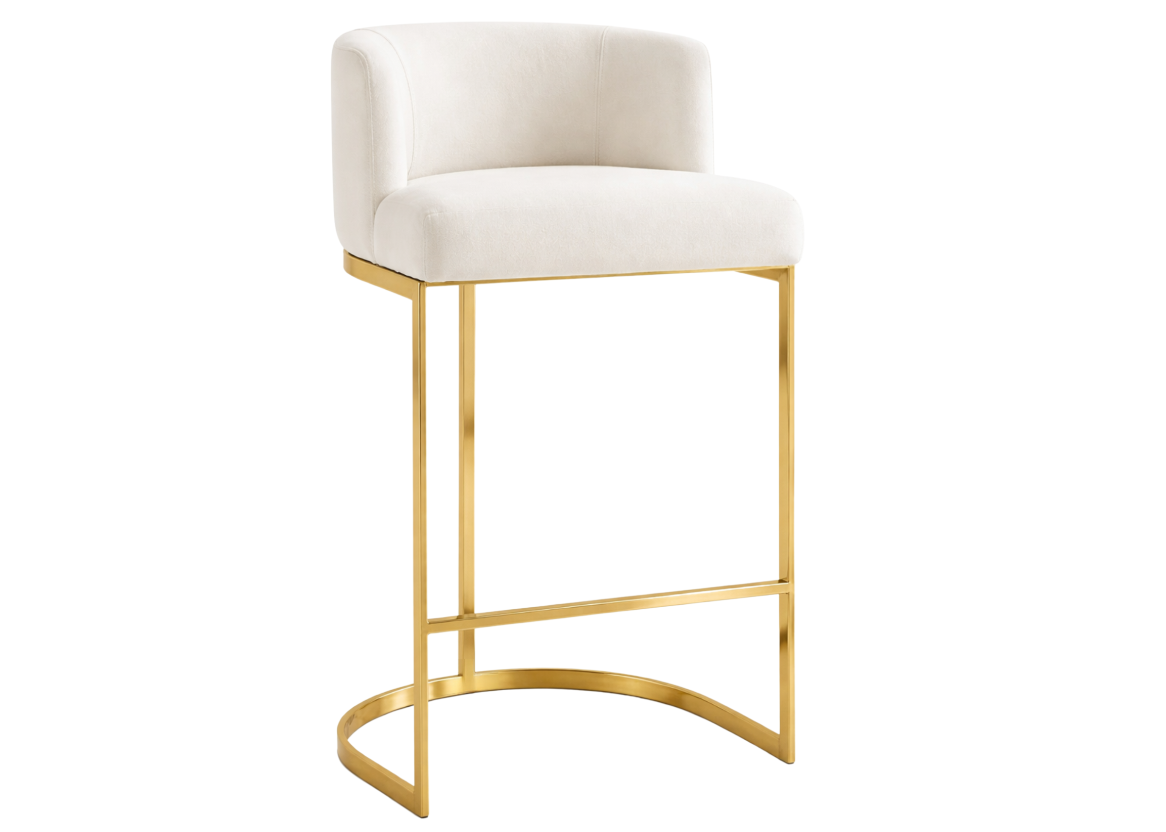 Banqueta Gregori com base curva em aço inox e assento estofado, design elegante para cozinhas e espaços gourmet sofisticados.