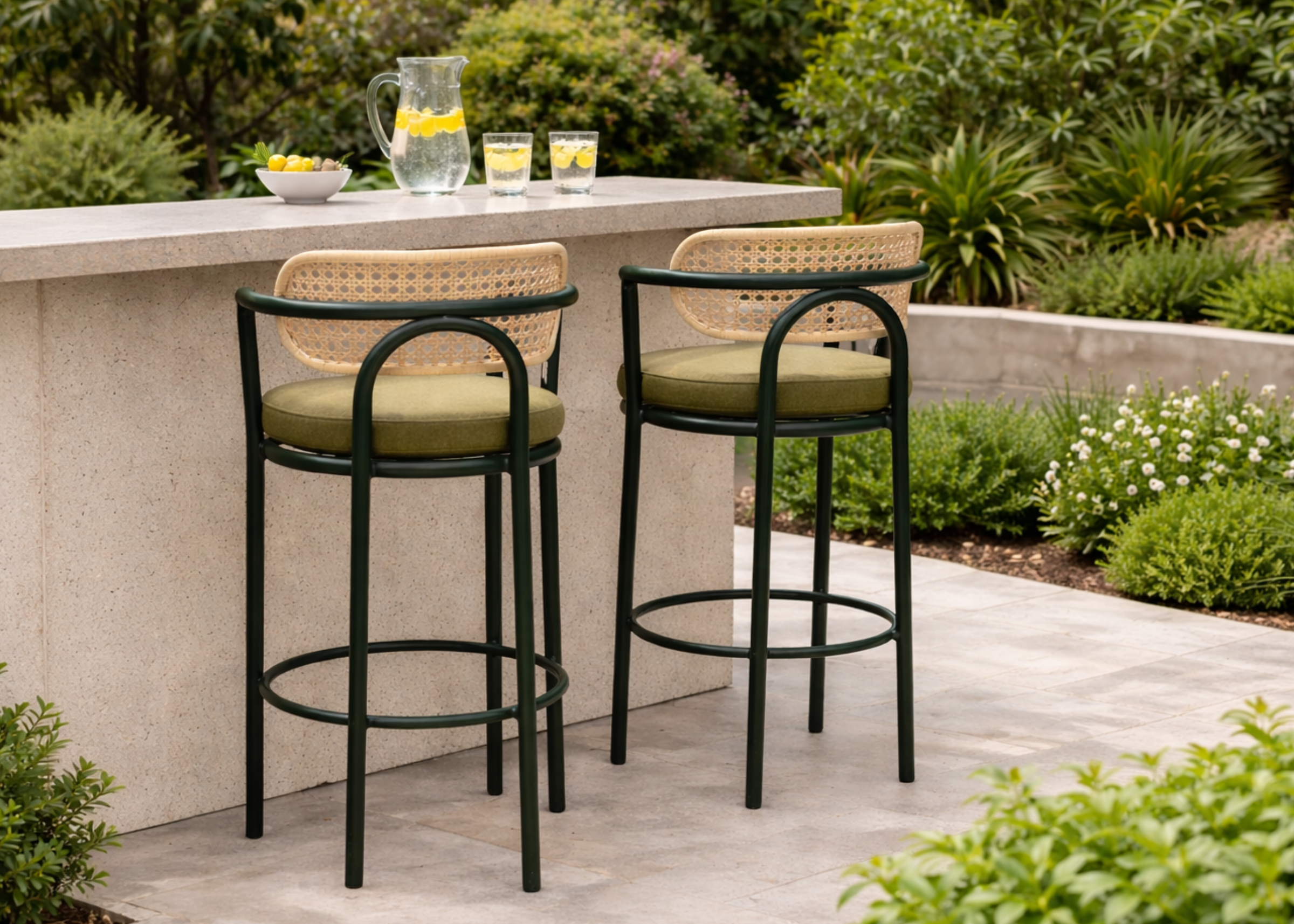 Banqueta alta com estrutura em alumínio, encosto em palhinha natural e assento estofado, perfeita para ambientes externos sofisticados