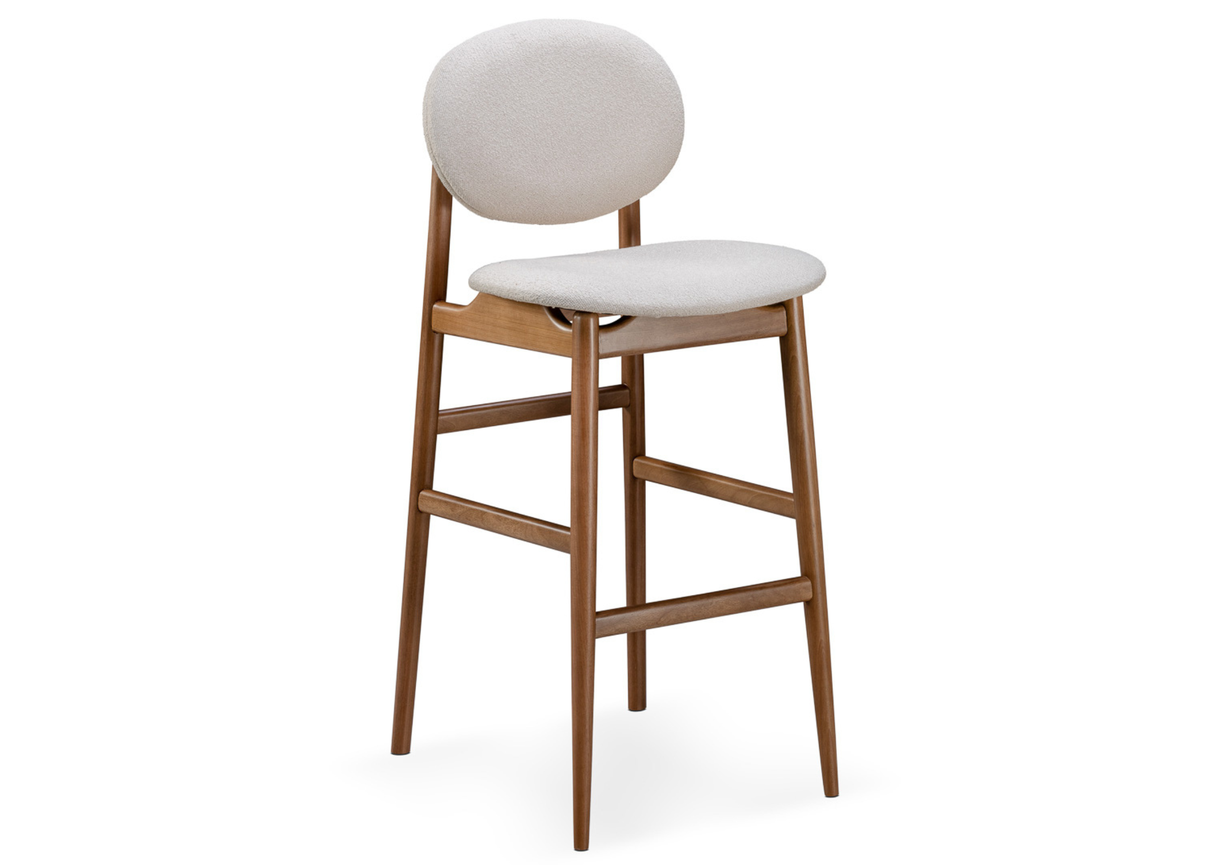 Banqueta Less com estrutura em madeira maciça tingida e assento estofado claro, design minimalista para ambientes sofisticados.