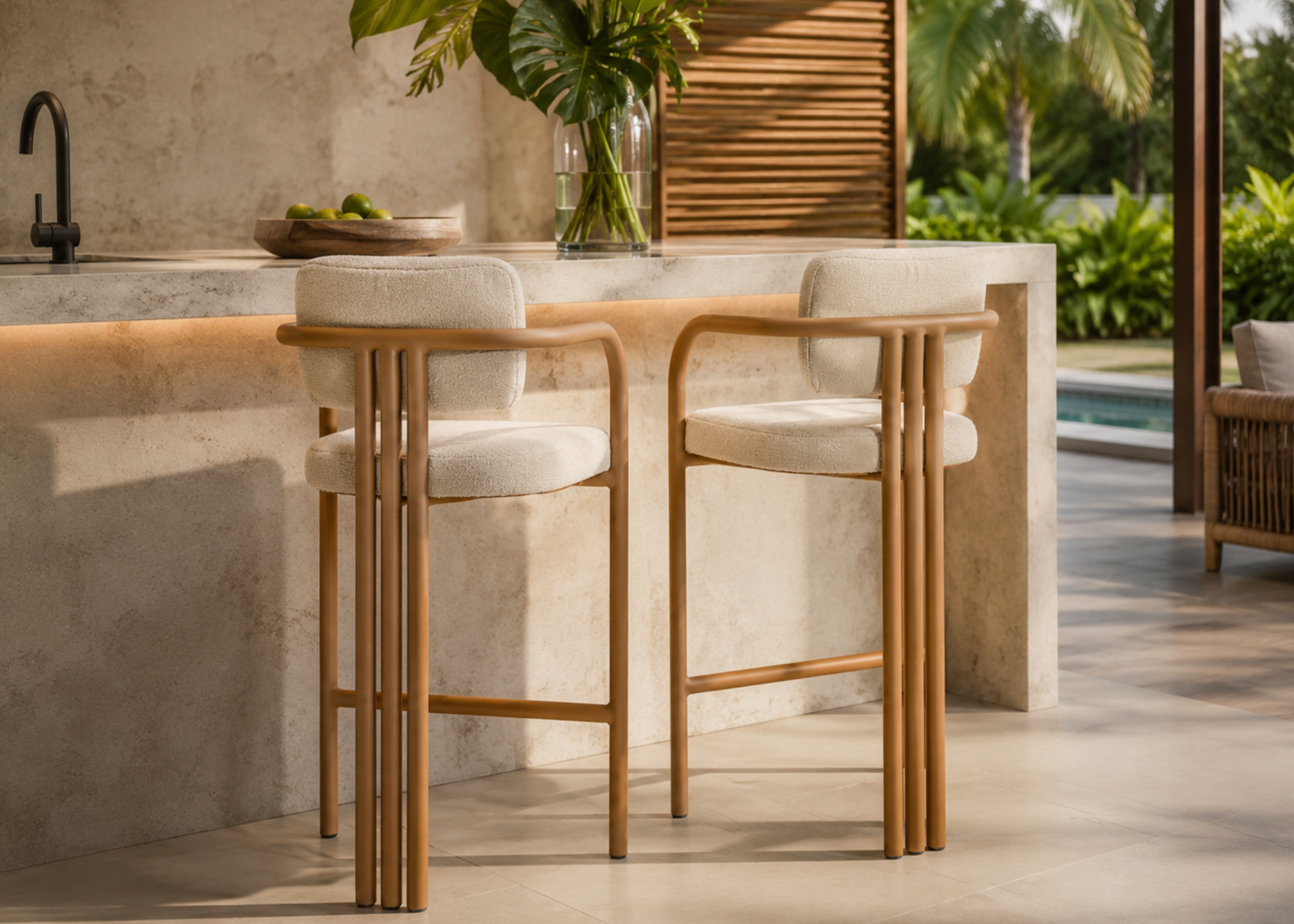 Banqueta Lina com braços integrados, estofamento premium e design elegante para cozinhas, bares e espaços de convivência.