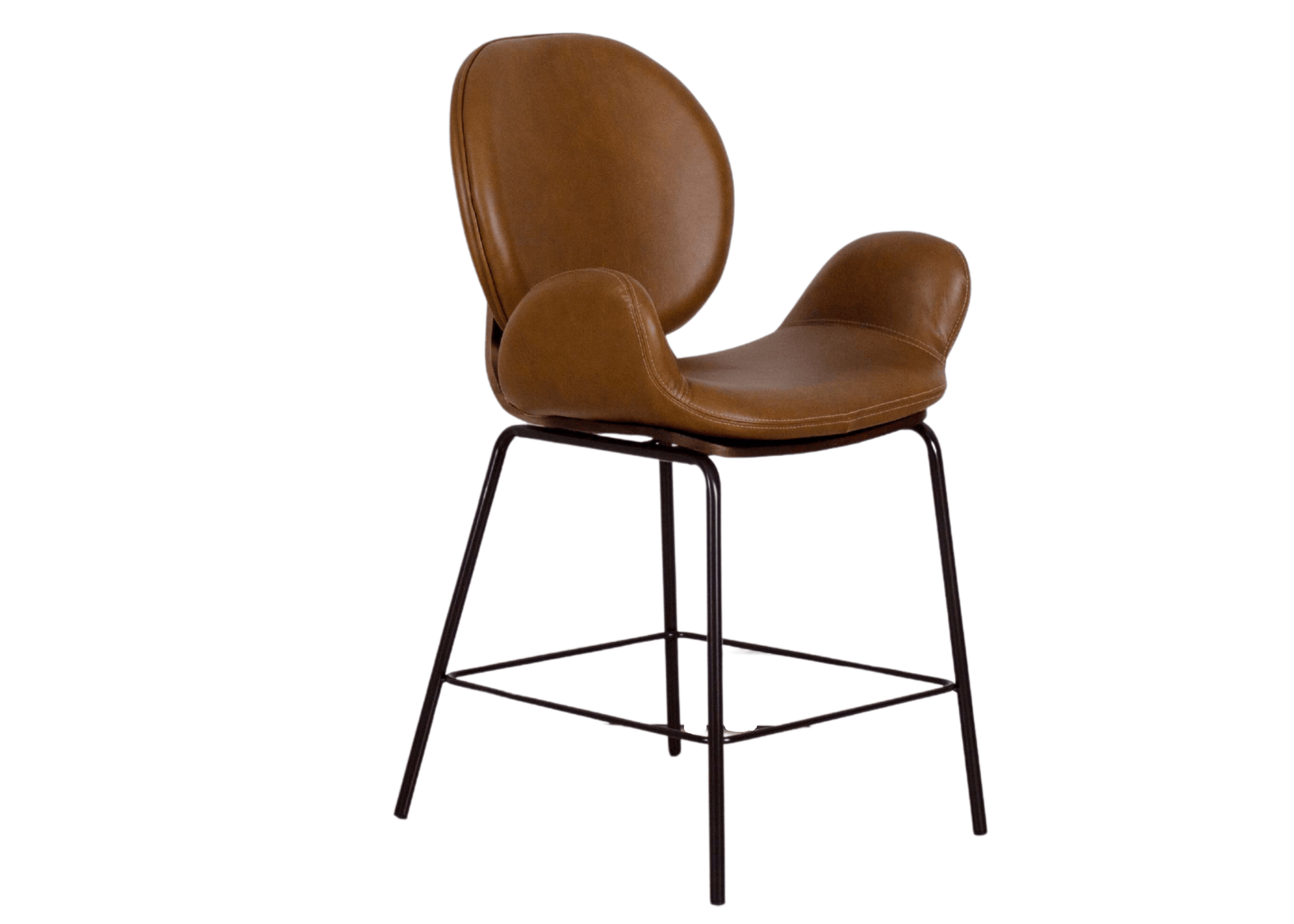 Banqueta Luidy estofada em tom caramelo com base em aço carbono e encosto anatômico com braços curvos.