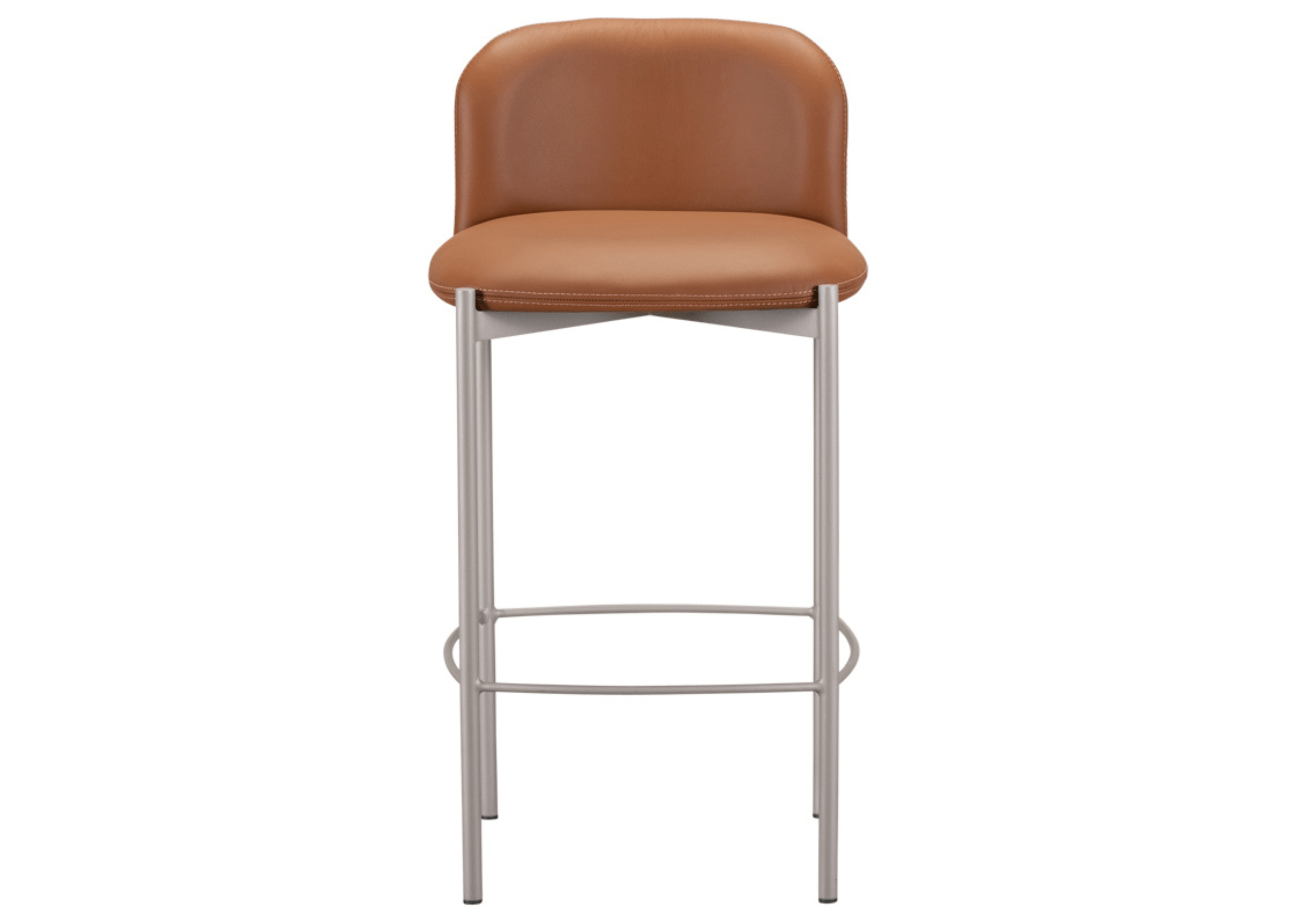 Detalhe do assento estofado em couro caramelo da Banqueta Luidy