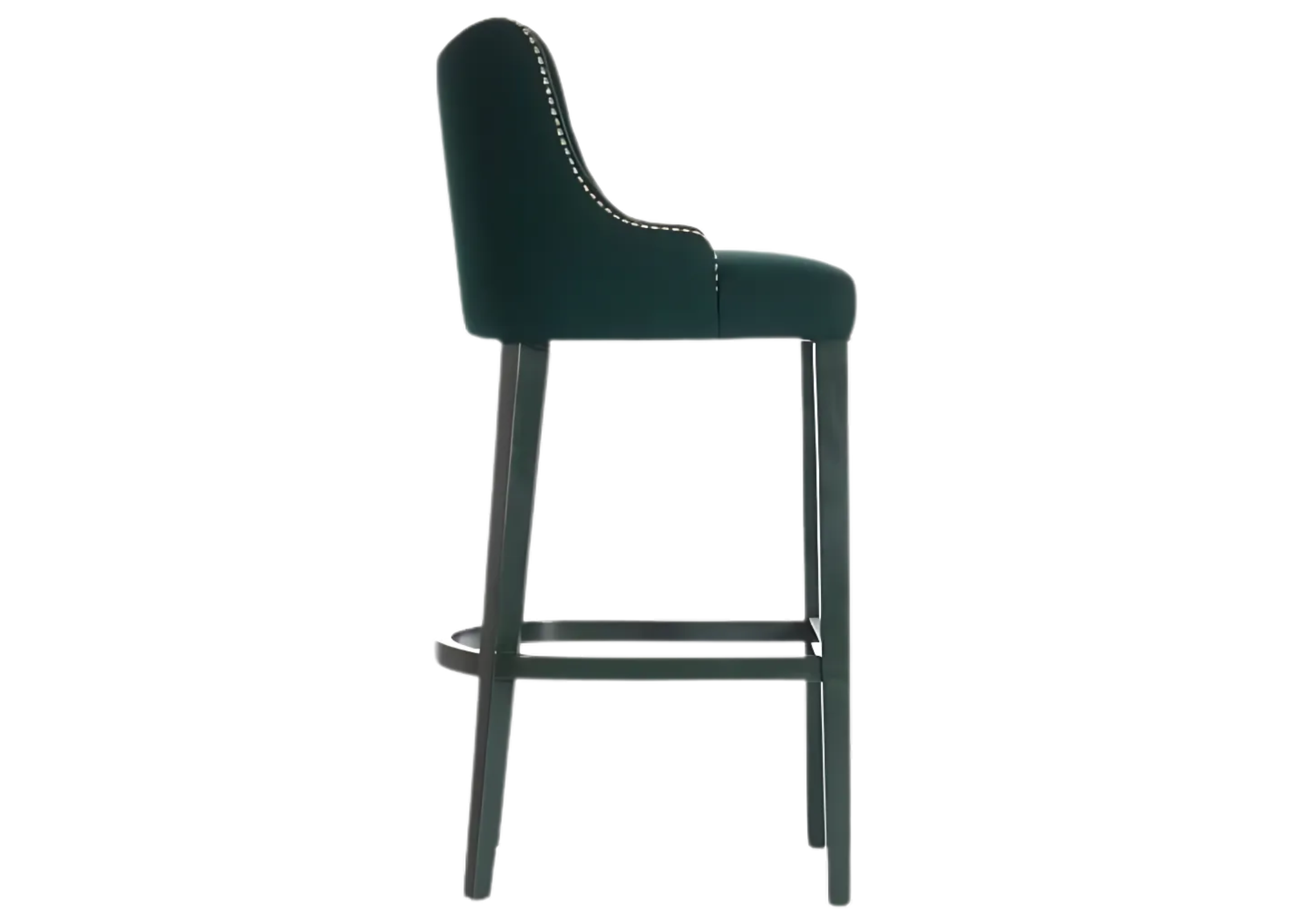 Banqueta alta elegante com encosto curvado e apoio para os pés.