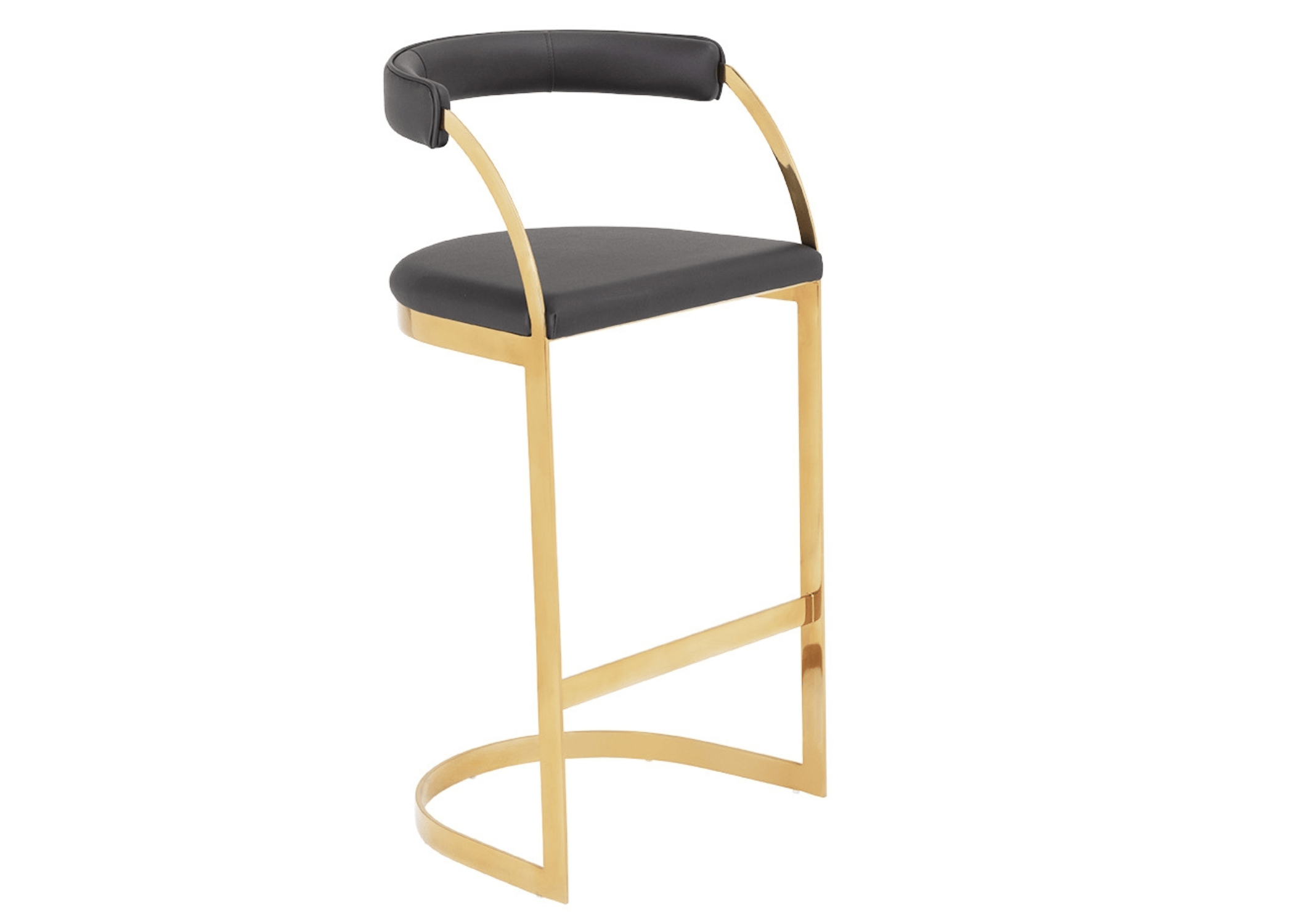 Detalhe do encosto vazado da banqueta Lidi Gold: design único e funcional para um ambiente arejado.