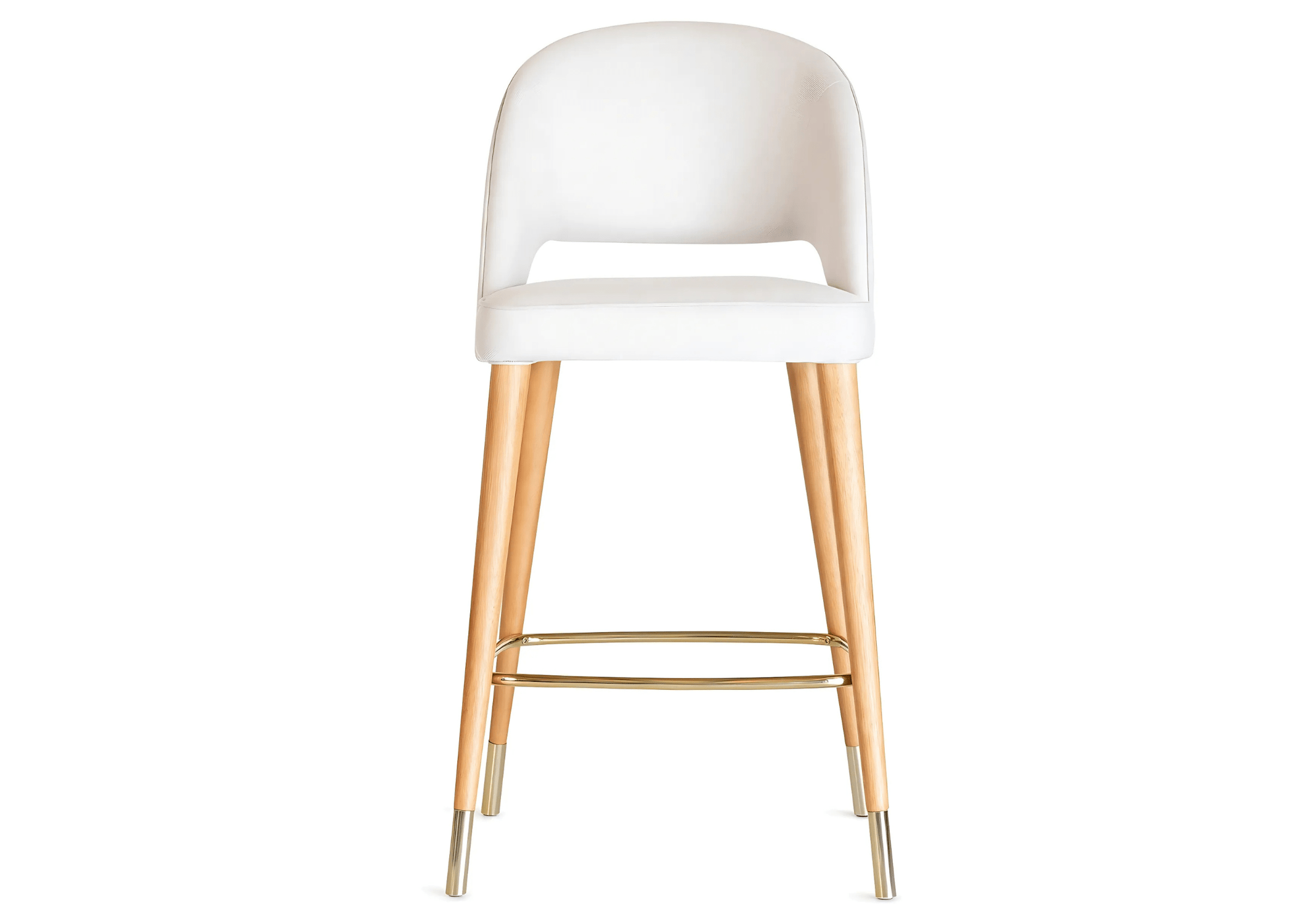 Banqueta Molly com assento estofado e base de madeira.