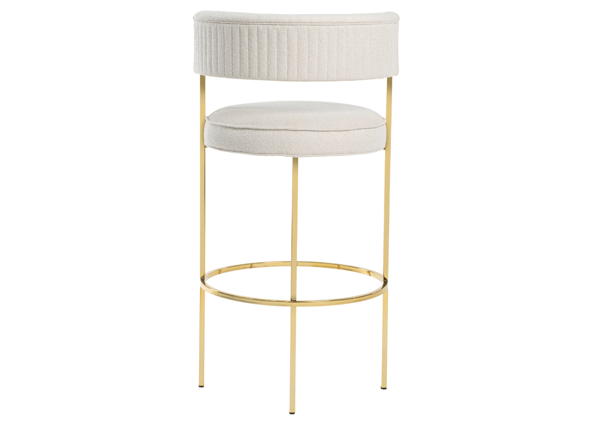 Banqueta alta com encosto confortável e base metálica dourada.