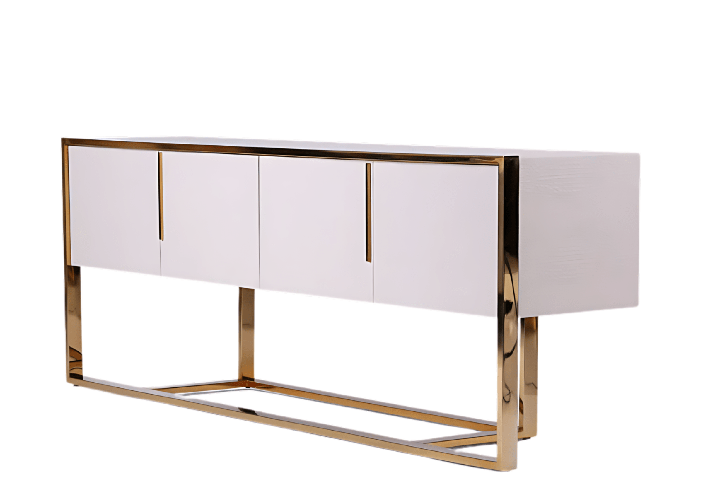 Buffet Athos com base em aço inox e acabamento em recouro