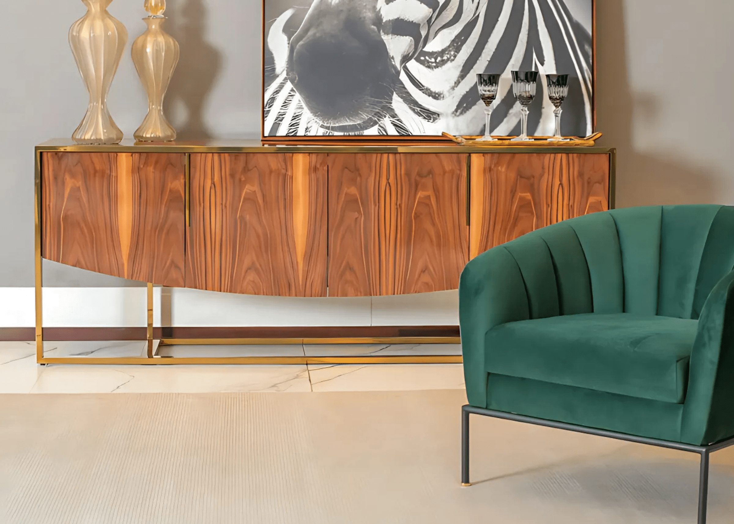 Buffet Baggio I integrado à decoração com móveis contemporâneos