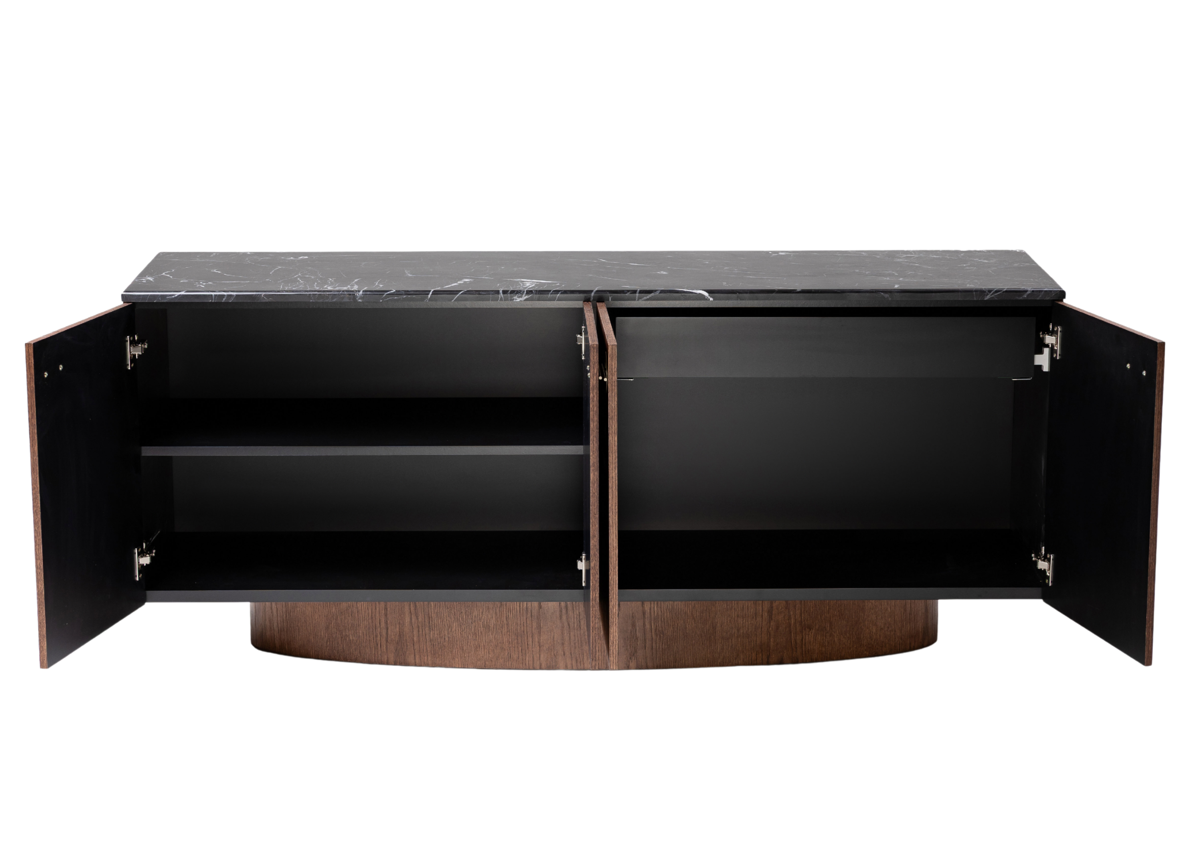 Buffet Glen contemporâneo com acabamento em madeira, tampo de mármore Nero e design elegante para salas de jantar.