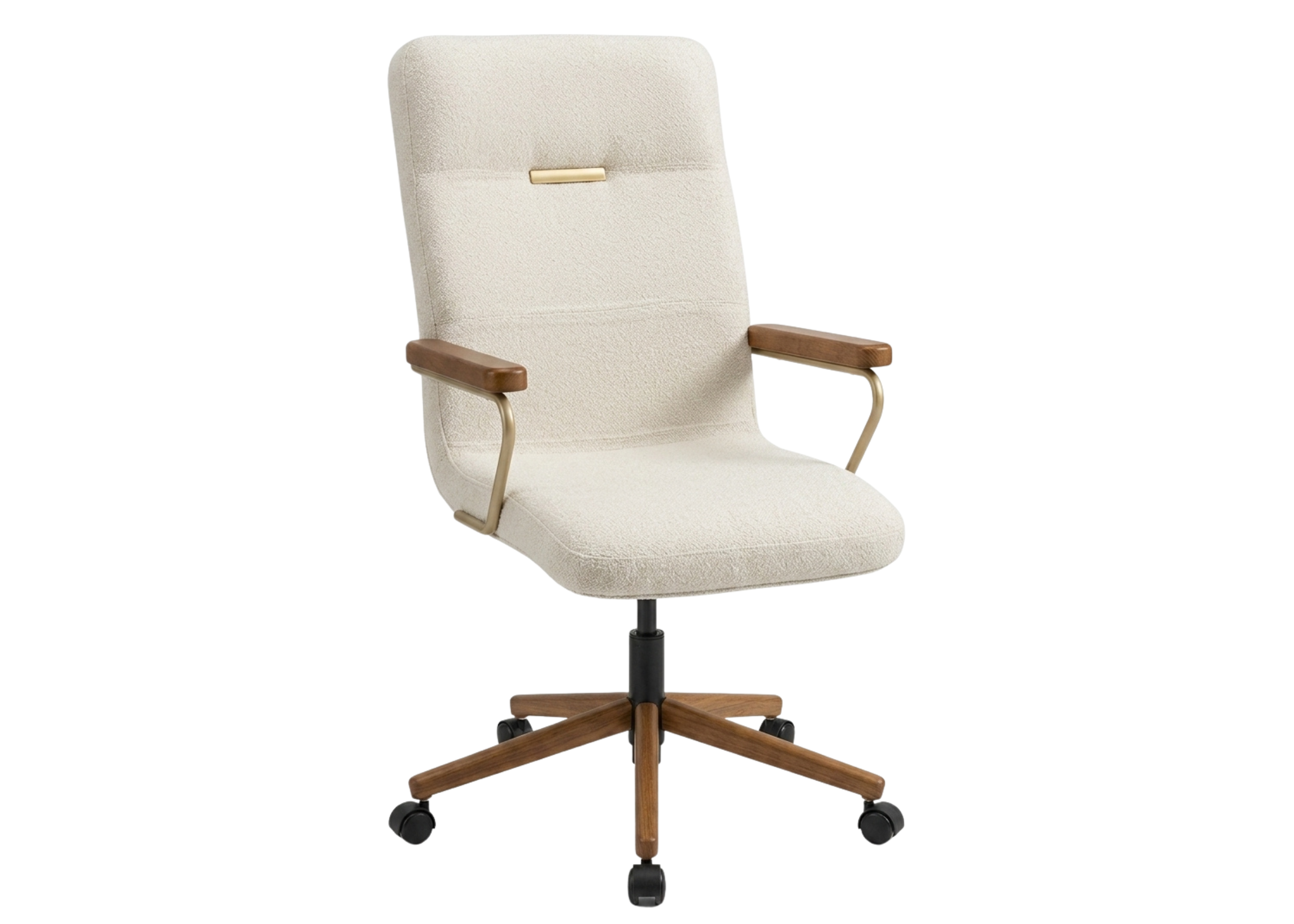 Cadeira de Escritório Breno com base em madeira, estofado em tecido e braços com detalhe em lâmina, ideal para escritórios e home offices.
