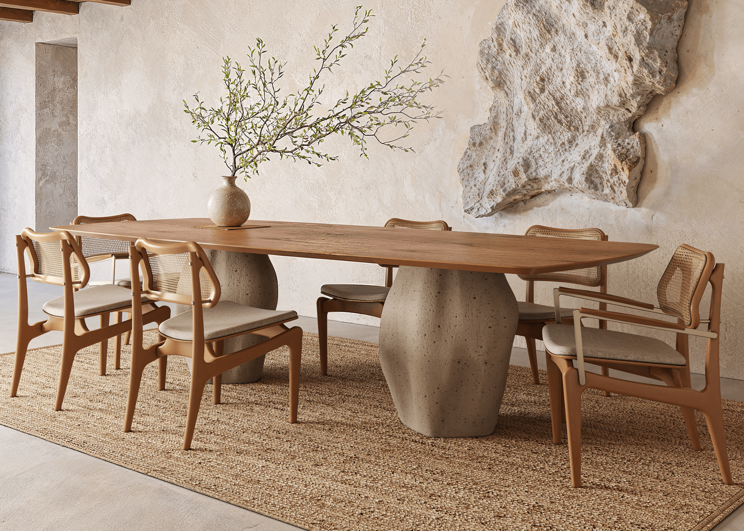 Cadeira Doha com palha e madeira, integrando a decoração.