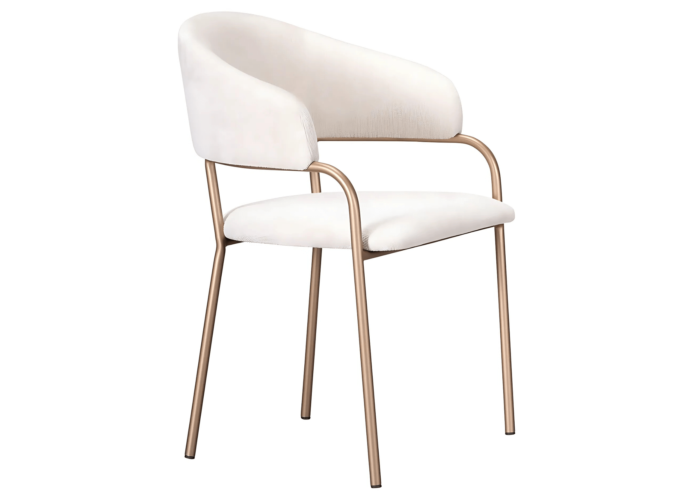 Cadeira Eron com estrutura em aço carbono e estofado claro.