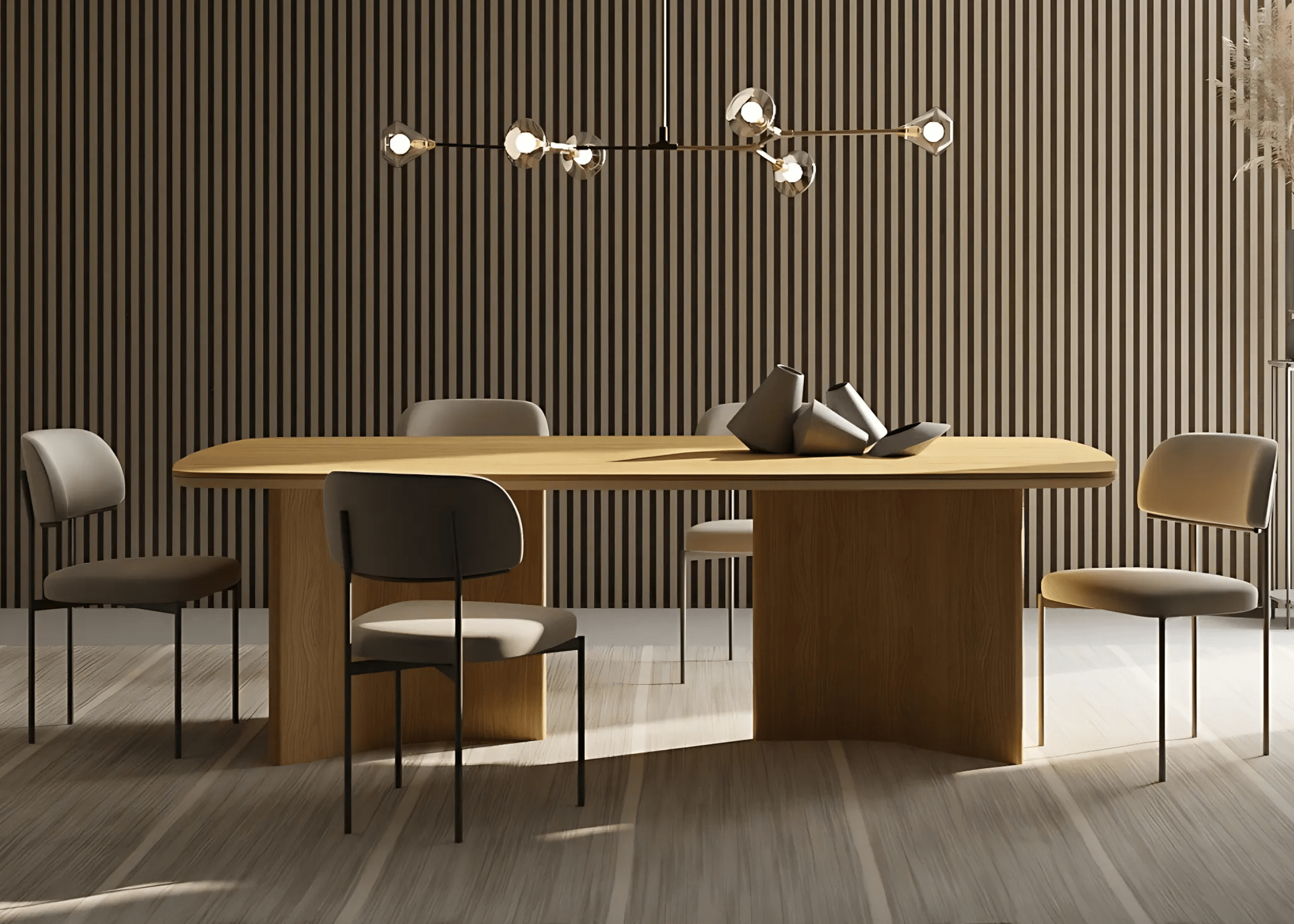 Cadeira Keith em sala de jantar moderna com decoração minimalista.