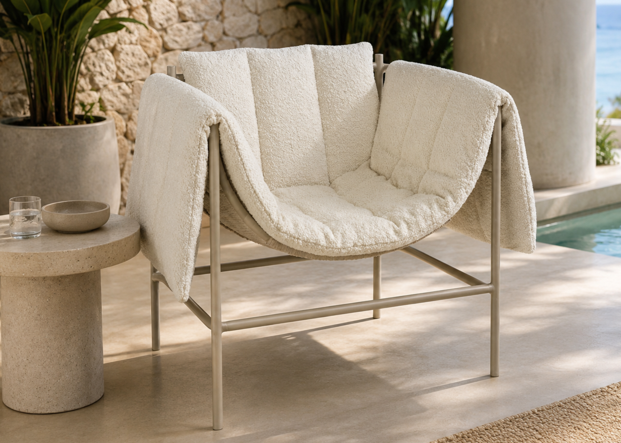 Cadeira Marie com formas orgânicas, estofamento acolchoado e acabamento refinado para espaços gourmet e áreas de convivência.