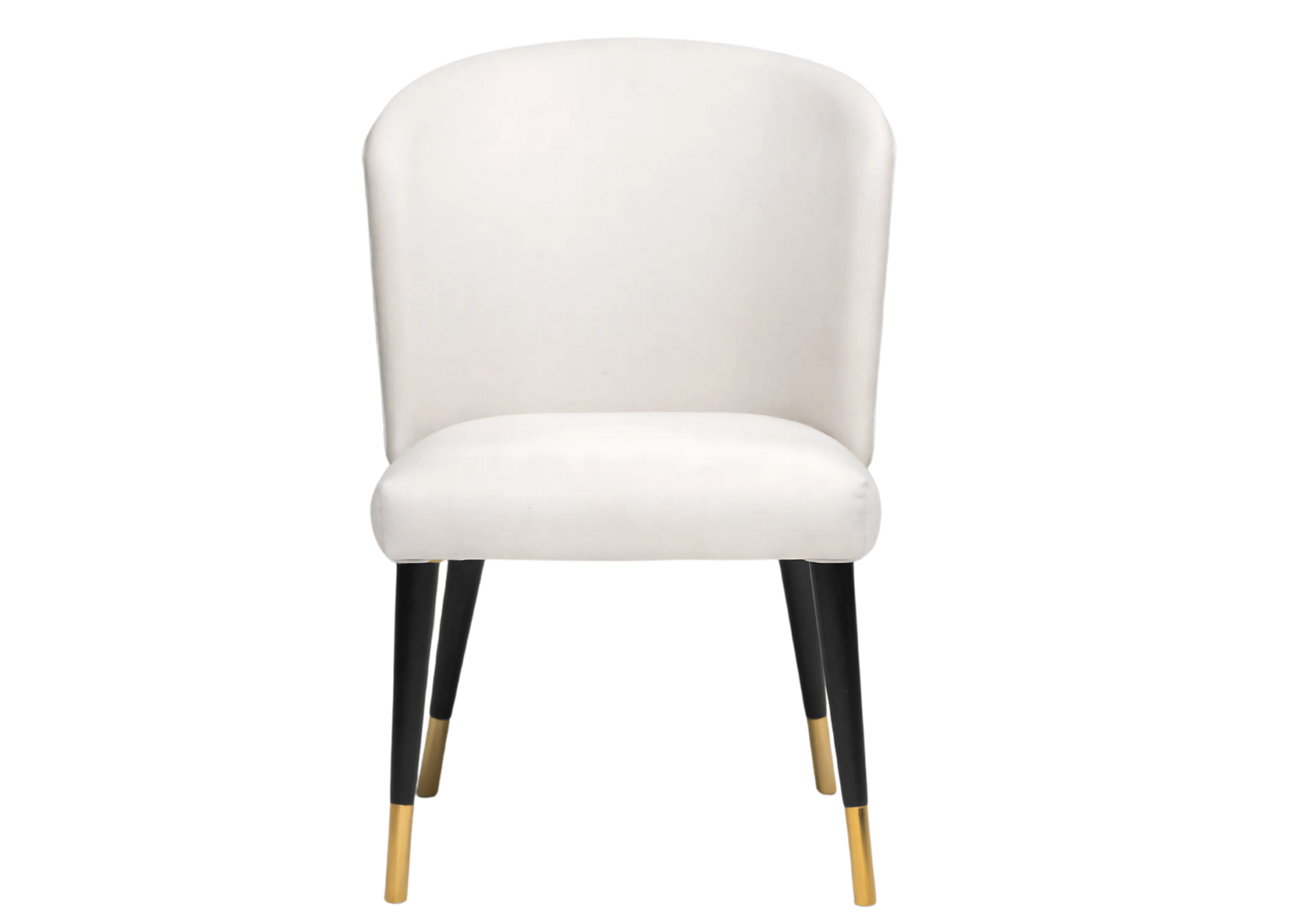 Cadeira Medelin estofada com pés em madeira e detalhes dourados.