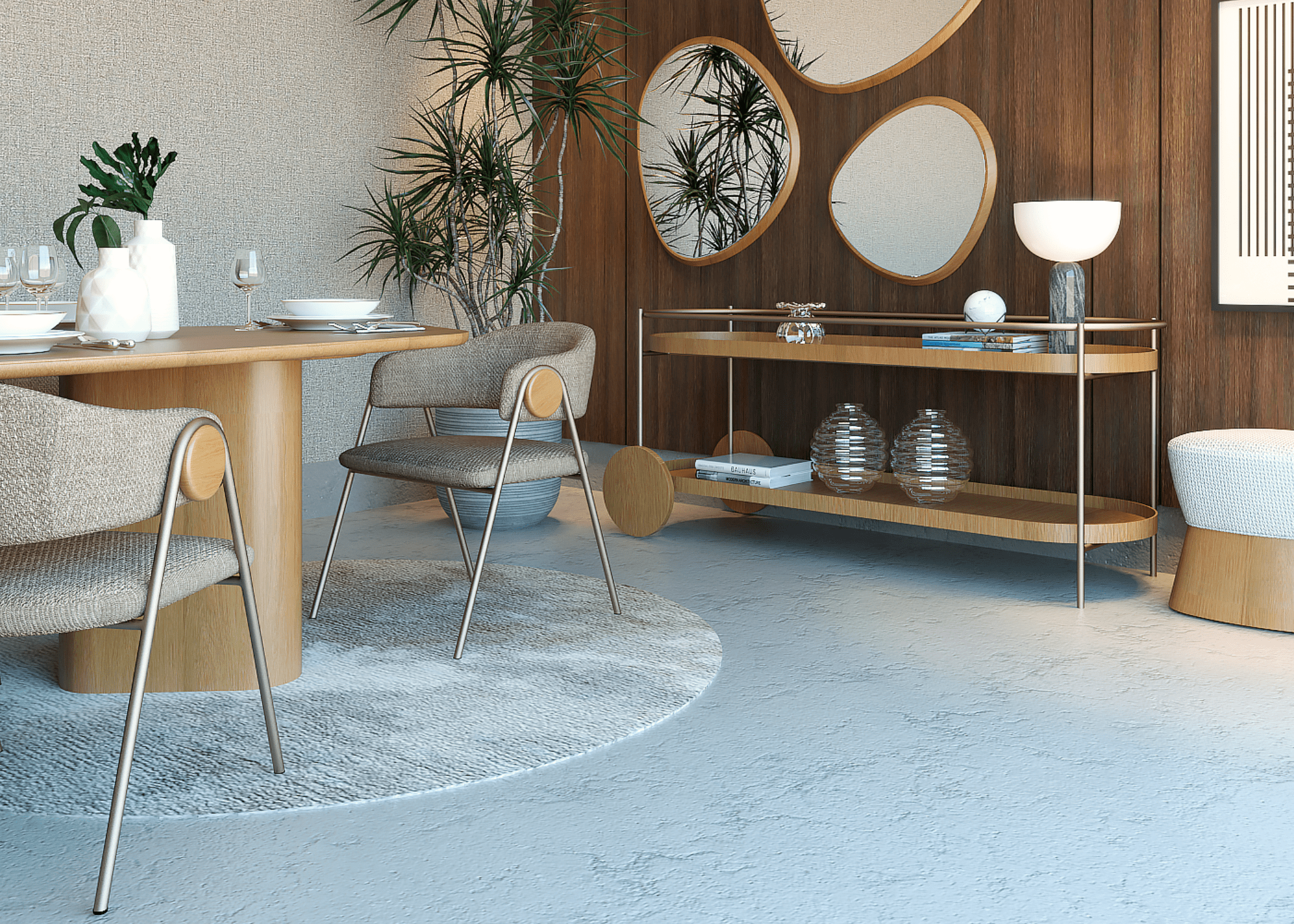 Cadeira Atena em ambiente moderno com base em aço carbono e detalhe em madeira cerejeira natural.