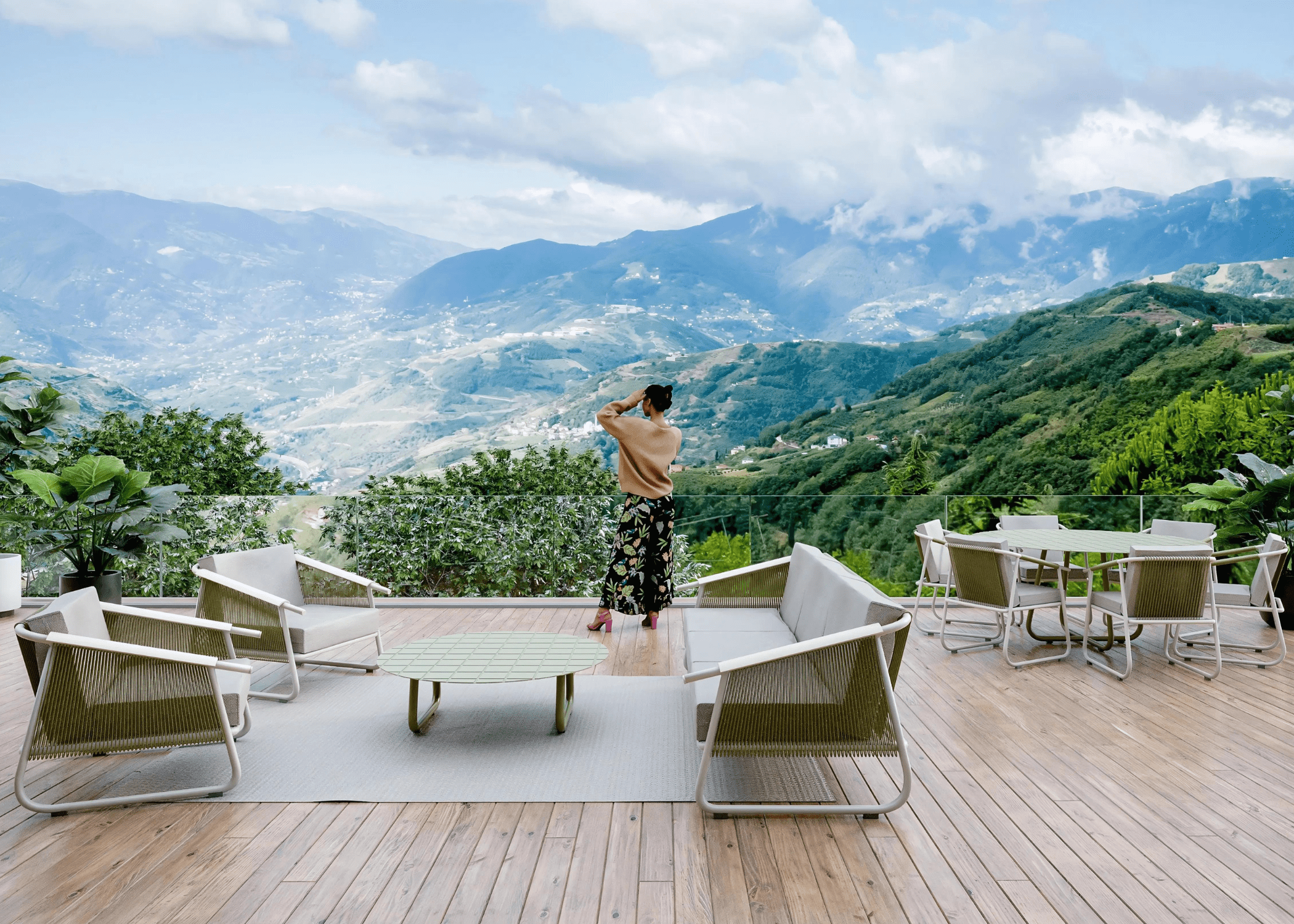 Estrutura de alumínio pintado e detalhes em corda náutica: elegância e durabilidade para espaços ao ar livre.