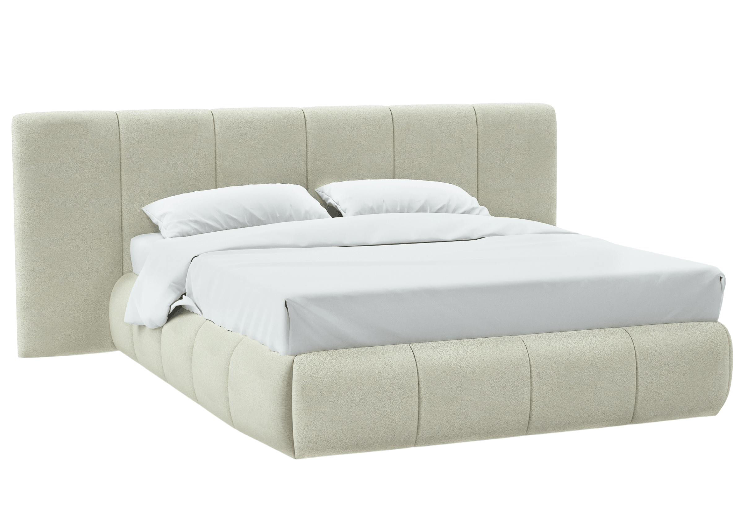 Cama Ninho estofada em tecido bege com cabeceira ampla e design moderno, ideal para quartos sofisticados e aconchegantes.
