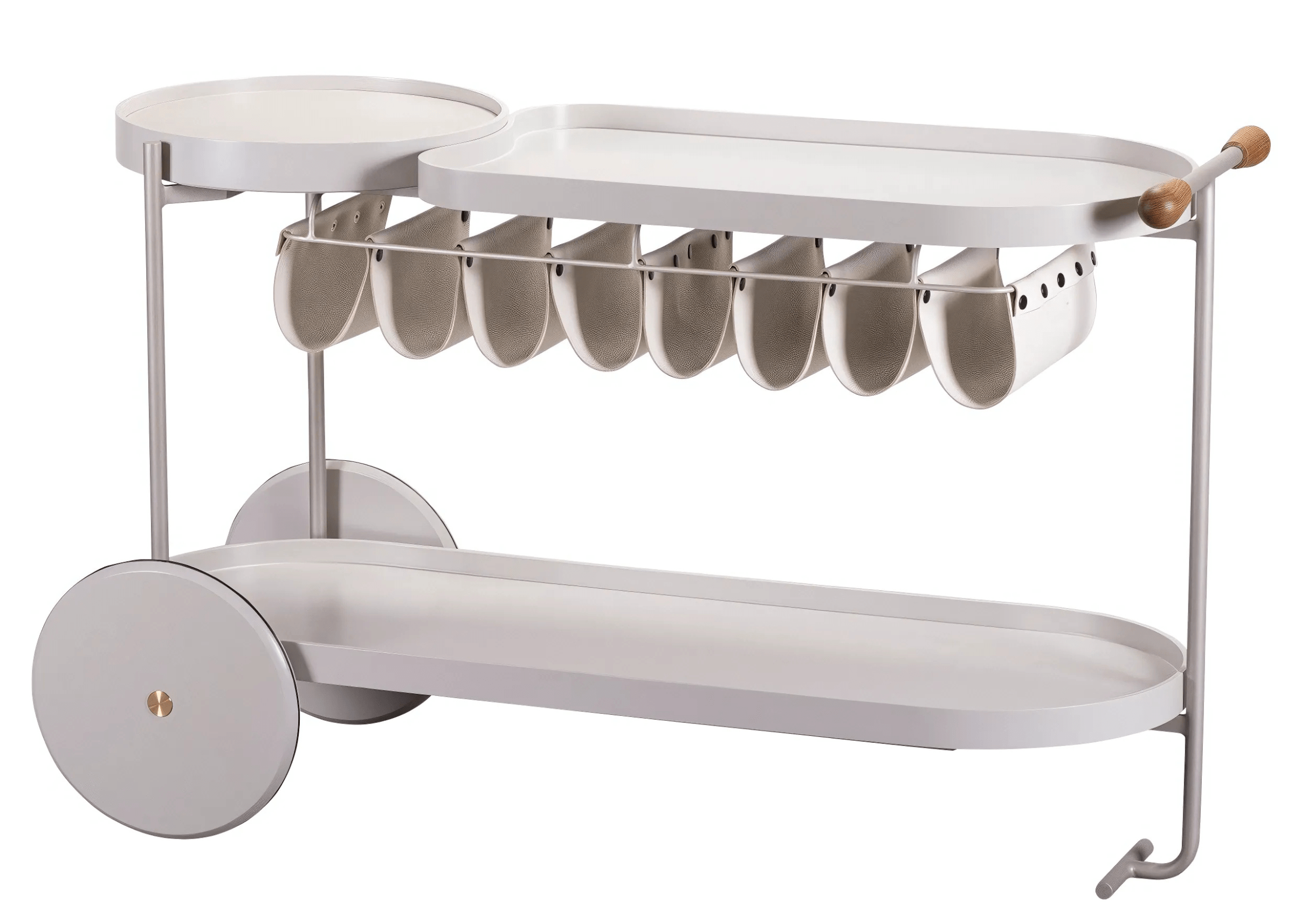 Vista lateral do Carrinho Bar Alvin com porta-garrafas em recouro