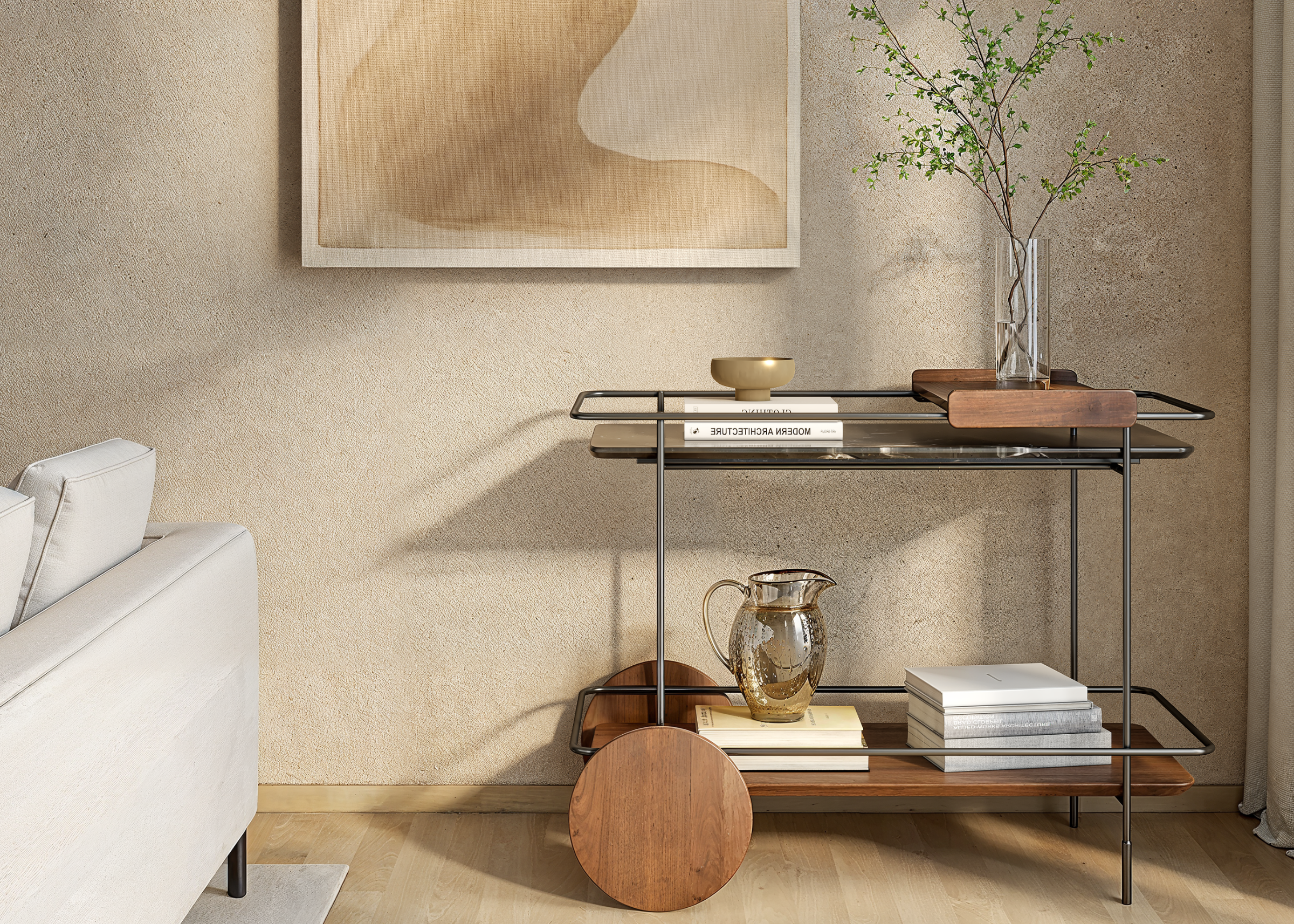 Carrinho Bar Cléo com estrutura metálica leve e acabamento refinado, peça elegante para decoração contemporânea.