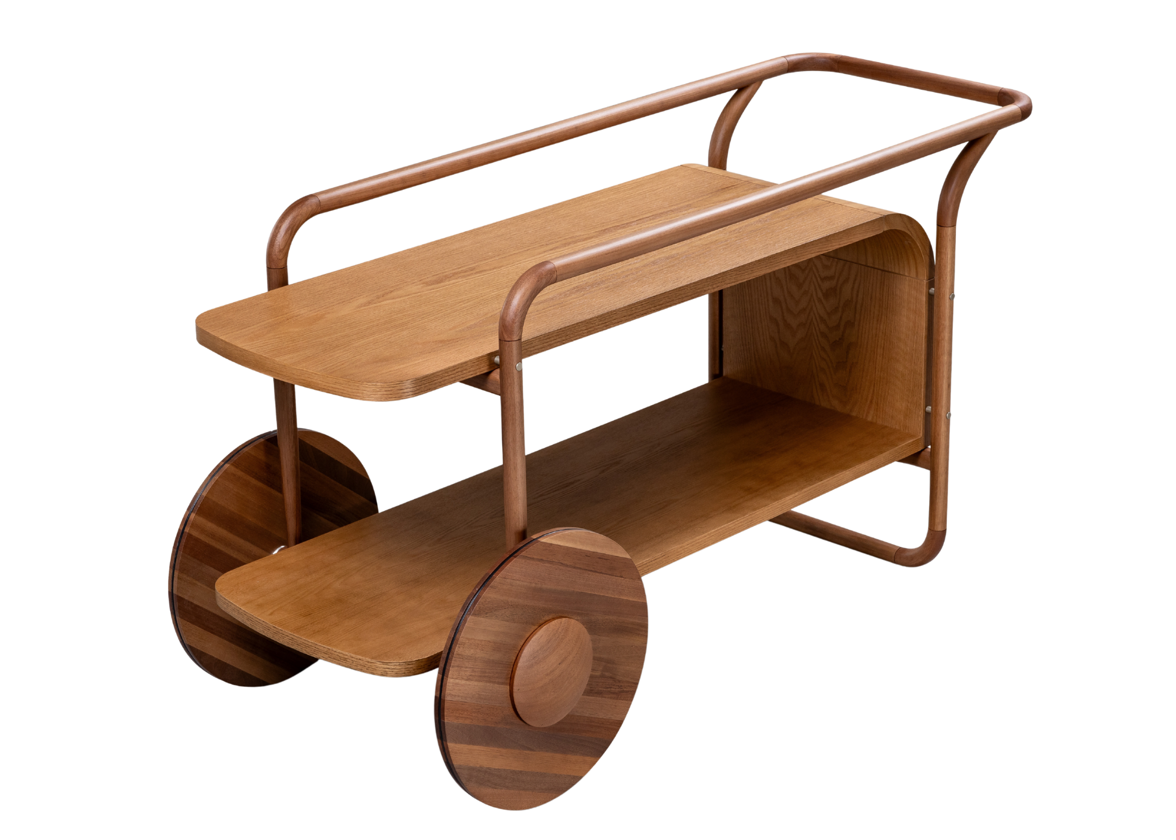 Carrinho Bar Stone em lâmina de madeira com design contemporâneo e rodas decorativas, ideal para salas sofisticadas.