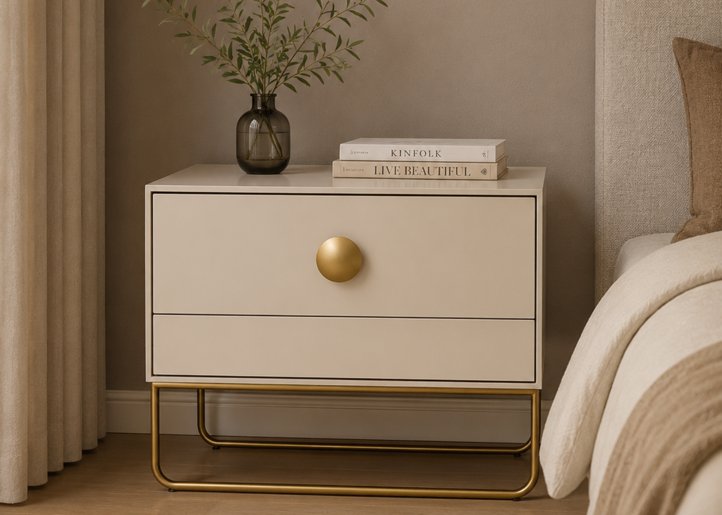 Cômoda Evora com linhas retas e base metálica dourada, móvel funcional e sofisticado para closets e dormitórios.