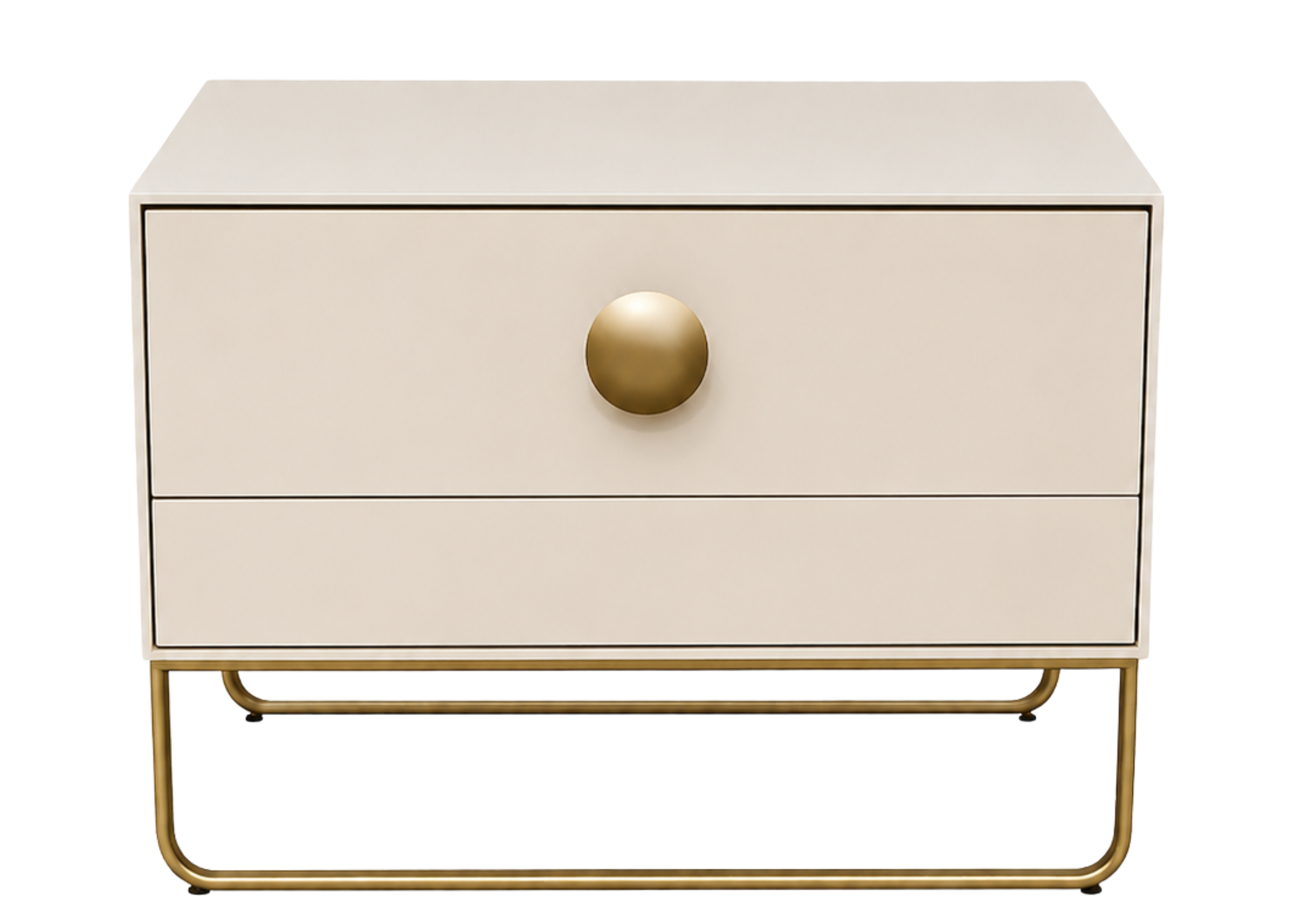 Cômoda Evora com acabamento laqueado claro, base em aço inox dourado e design minimalista para quartos sofisticados.