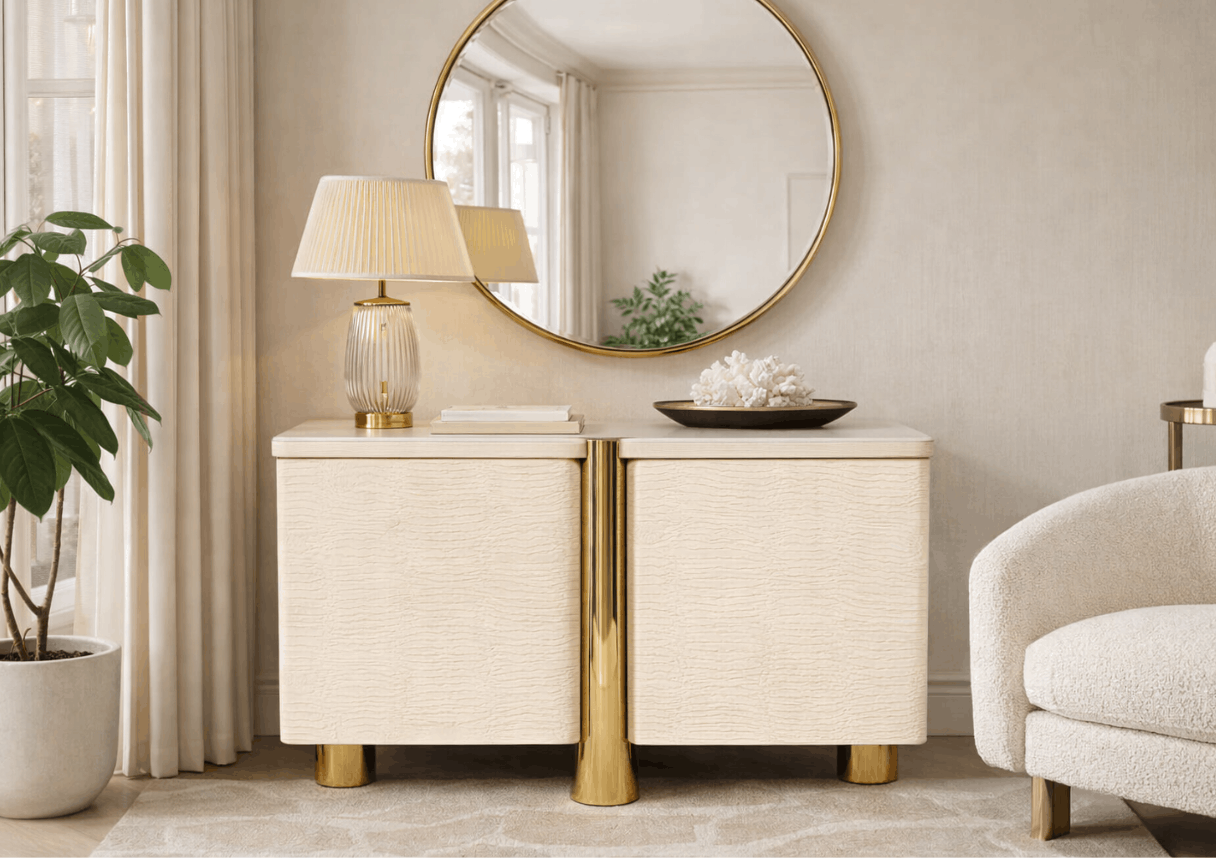 Cômoda Heron evidenciando acabamento em laca croco e base em aço inox dourado, móvel sofisticado para decoração moderna.