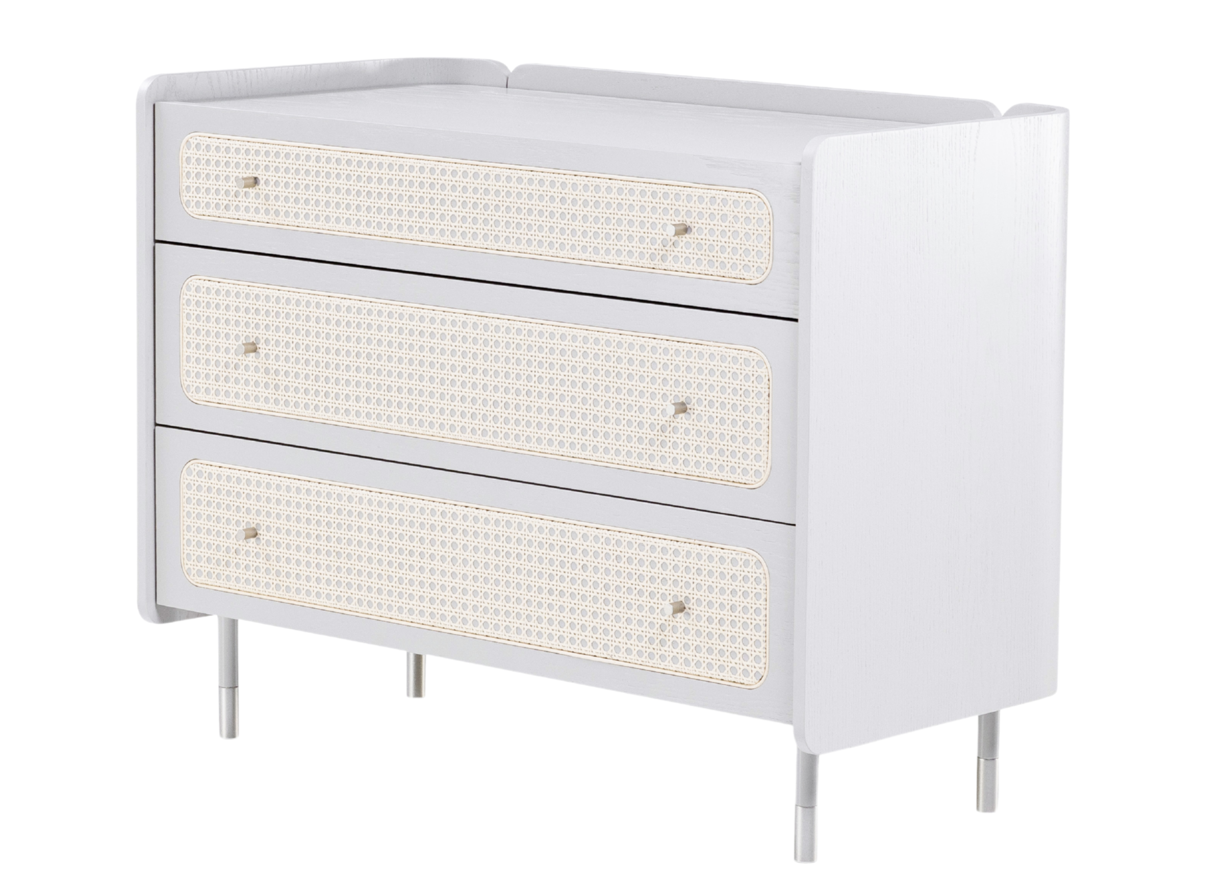 Cômoda Mark com design elegante, cantos arredondados e detalhes em palha para quartos sofisticados.