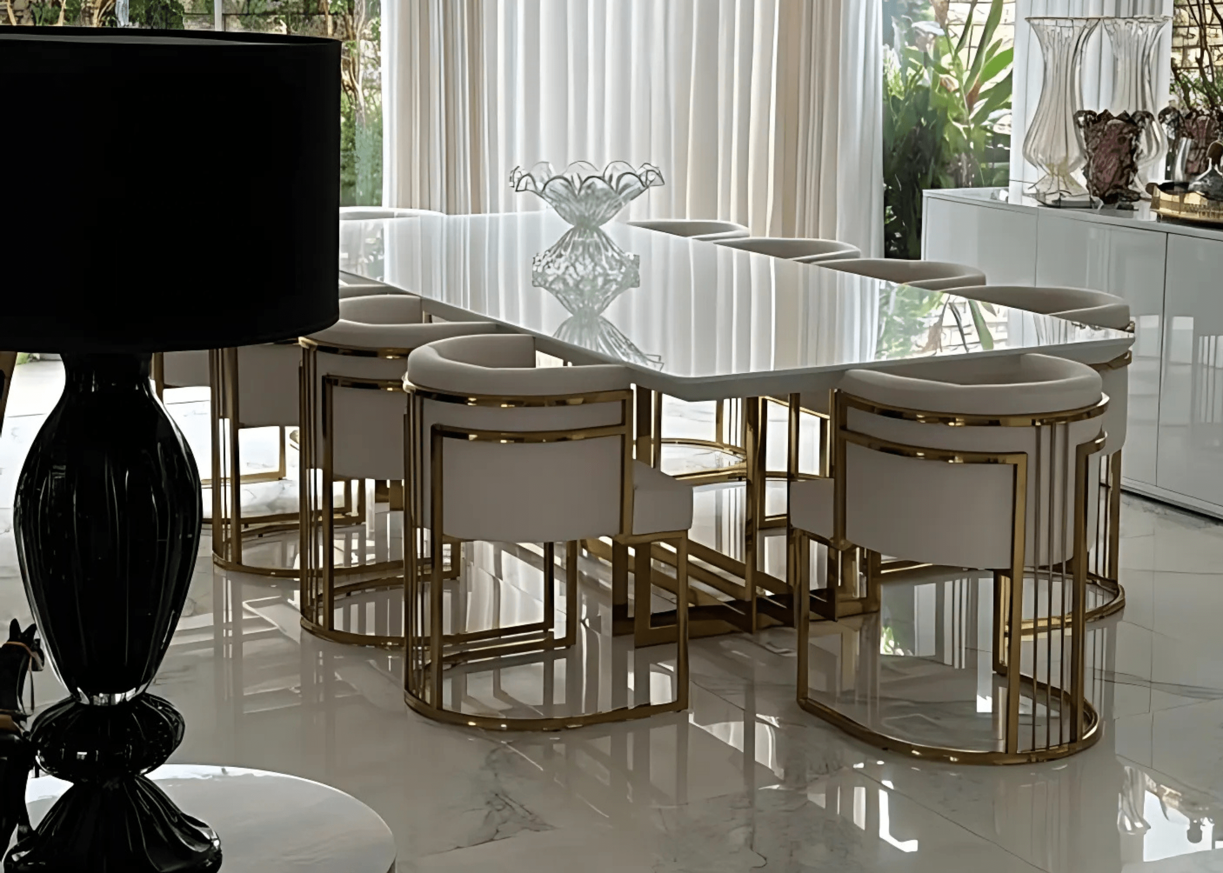 Conjunto de sala de jantar de alto padrão com mesa e 10 poltronas em aço inox dourado