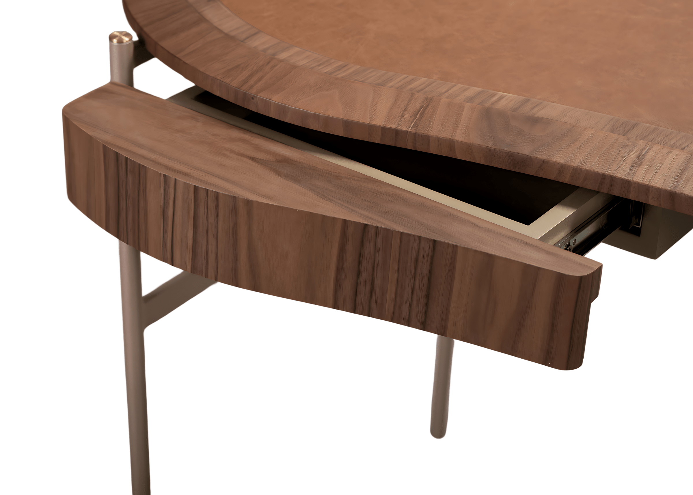 Escrivaninha Ottis com estrutura metálica e ponteiras em latão com gaveta discreta e acabamento refinado.