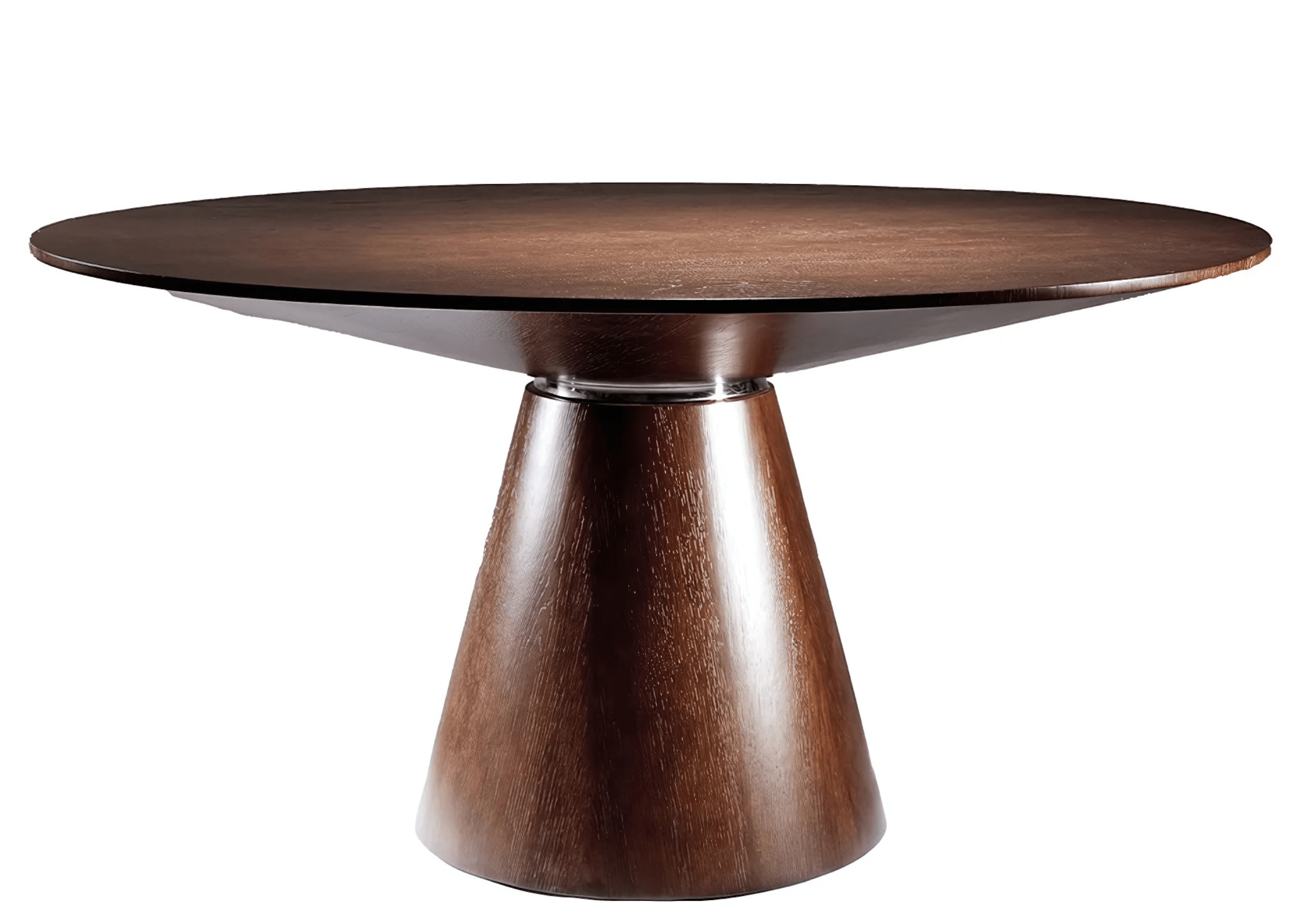Mesa de Jantar Baggio com tampo redondo em madeira destacando o detalhe metálico entre tampo e base.