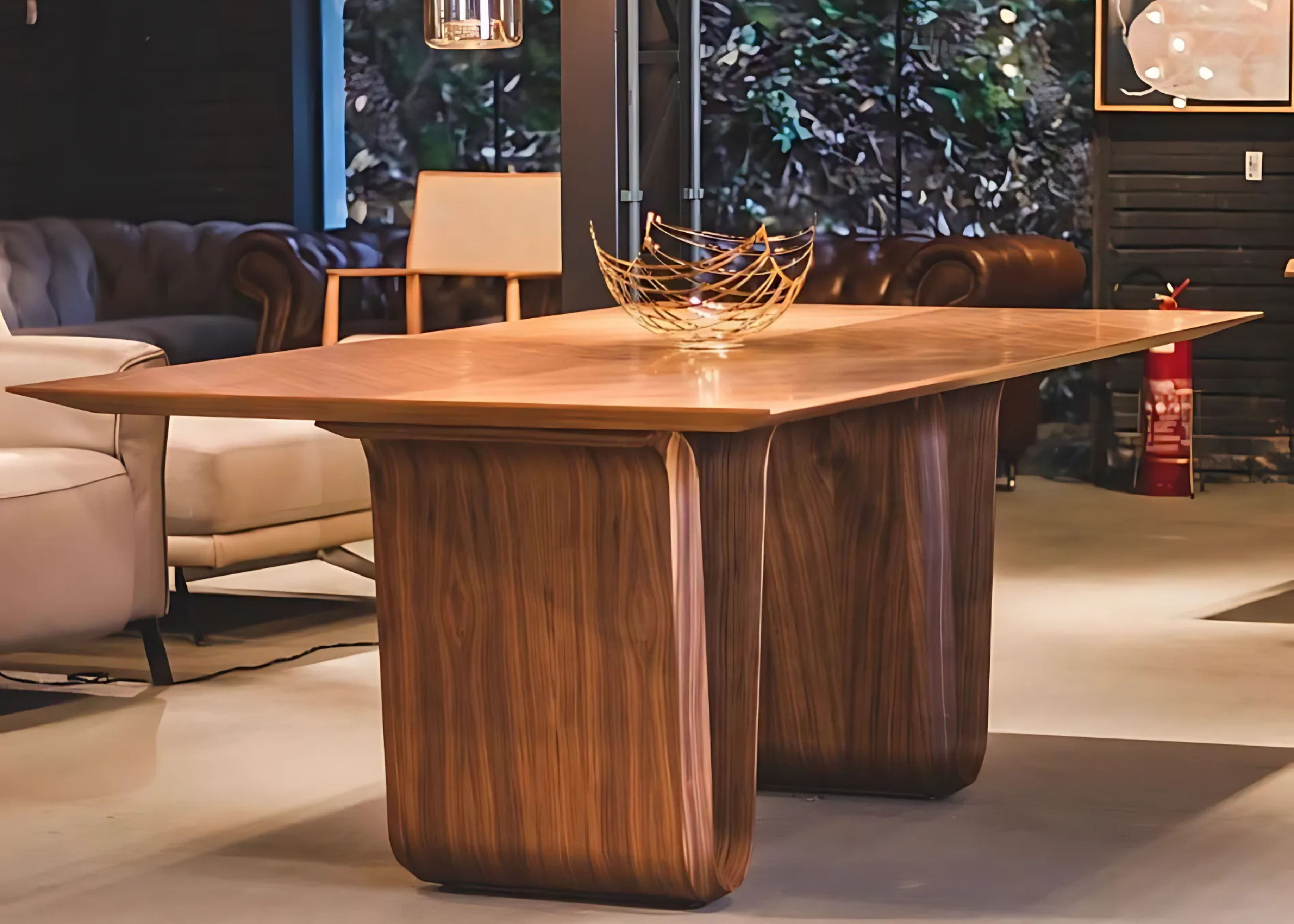 Ambiente luxuoso com mesa de jantar Charlie, destacando-se pela base robusta e o requinte do tampo em madeira nogueira ou carvalho.