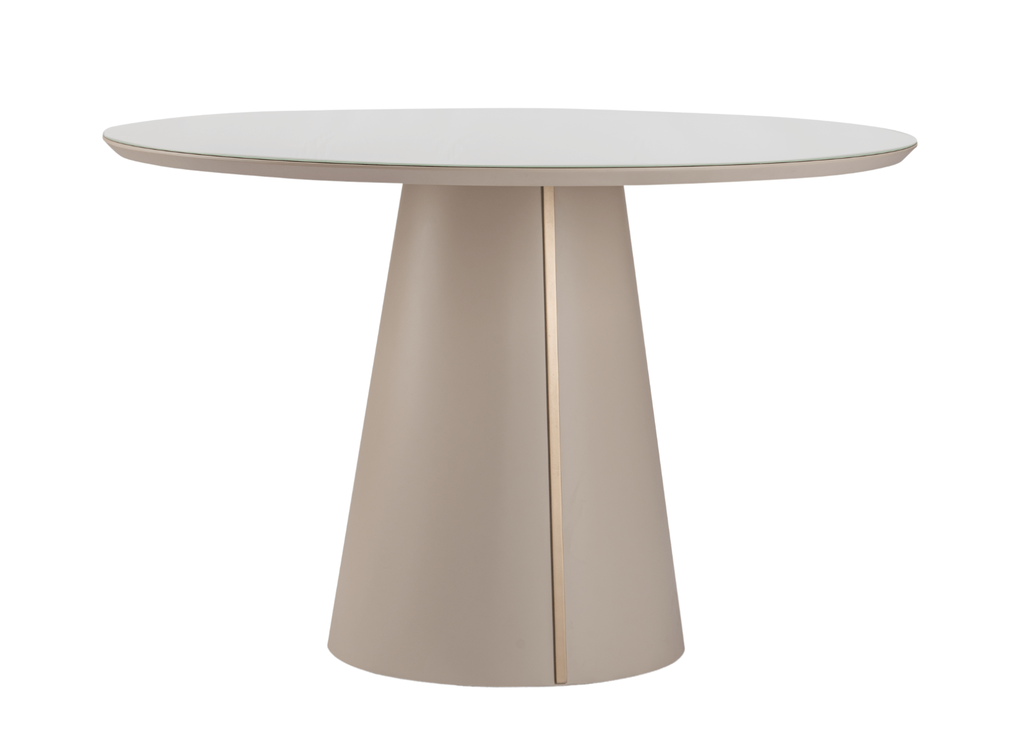 Mesa de jantar redonda com detalhe em metal.